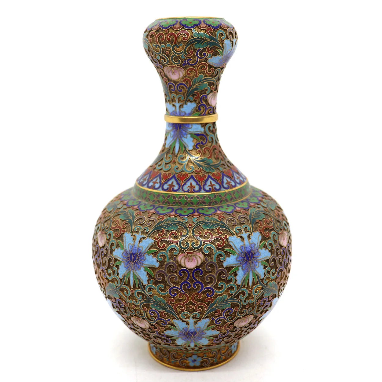 Vintage Chinese Cloisonne Enamel and Brass Openwork Garlic-Head Vase
