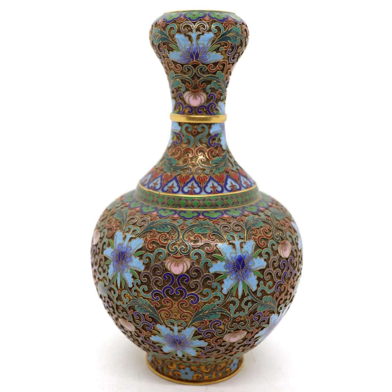 Vintage Chinese Cloisonne Enamel and Brass Openwork Garlic-Head Vase