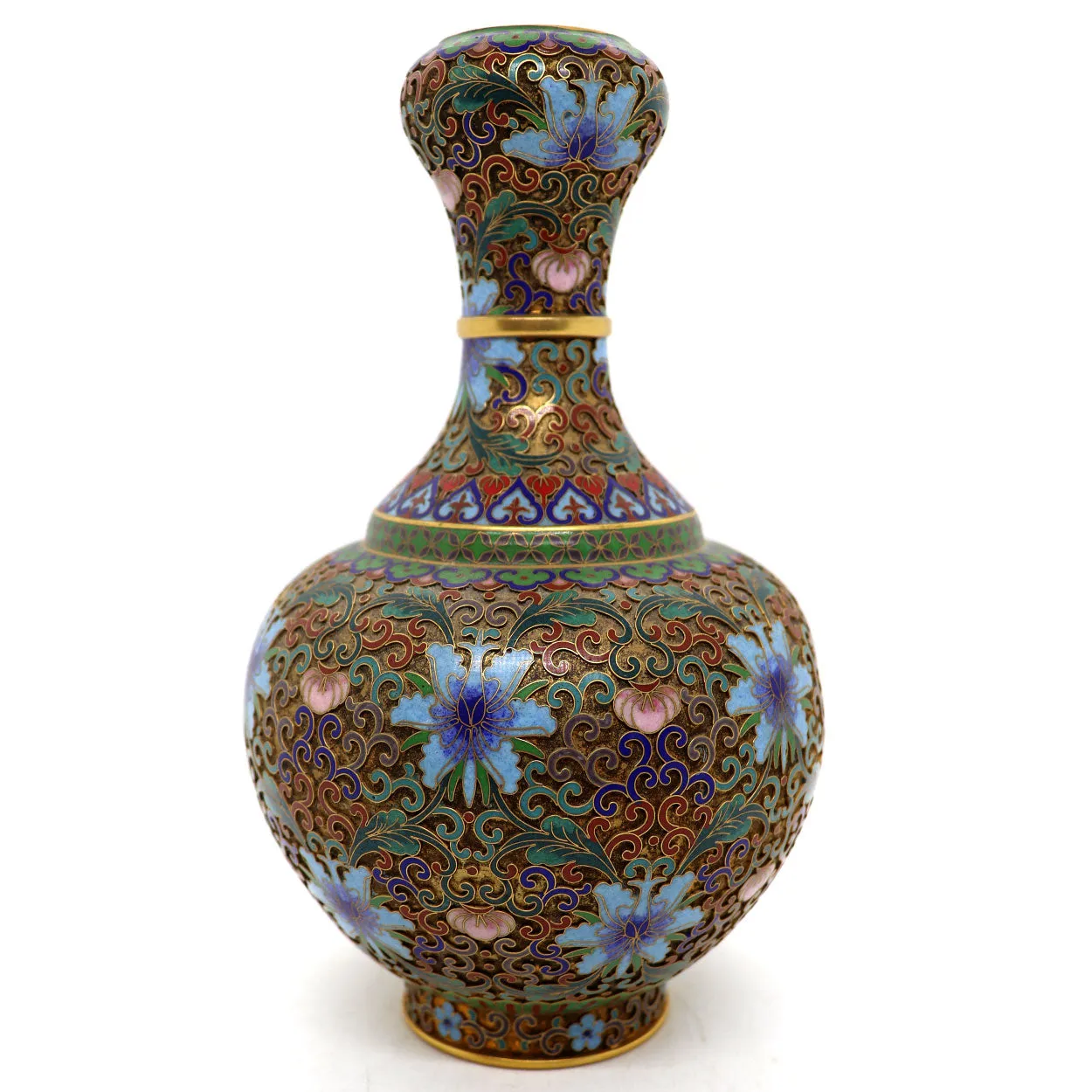 Vintage Chinese Cloisonne Enamel and Brass Openwork Garlic-Head Vase
