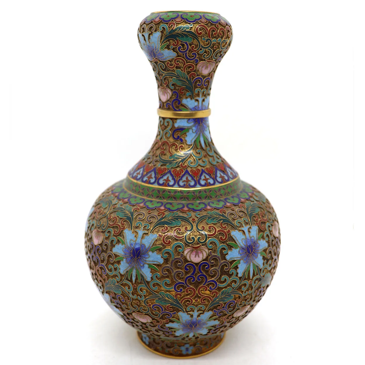 Vintage Chinese Cloisonne Enamel and Brass Openwork Garlic-Head Vase