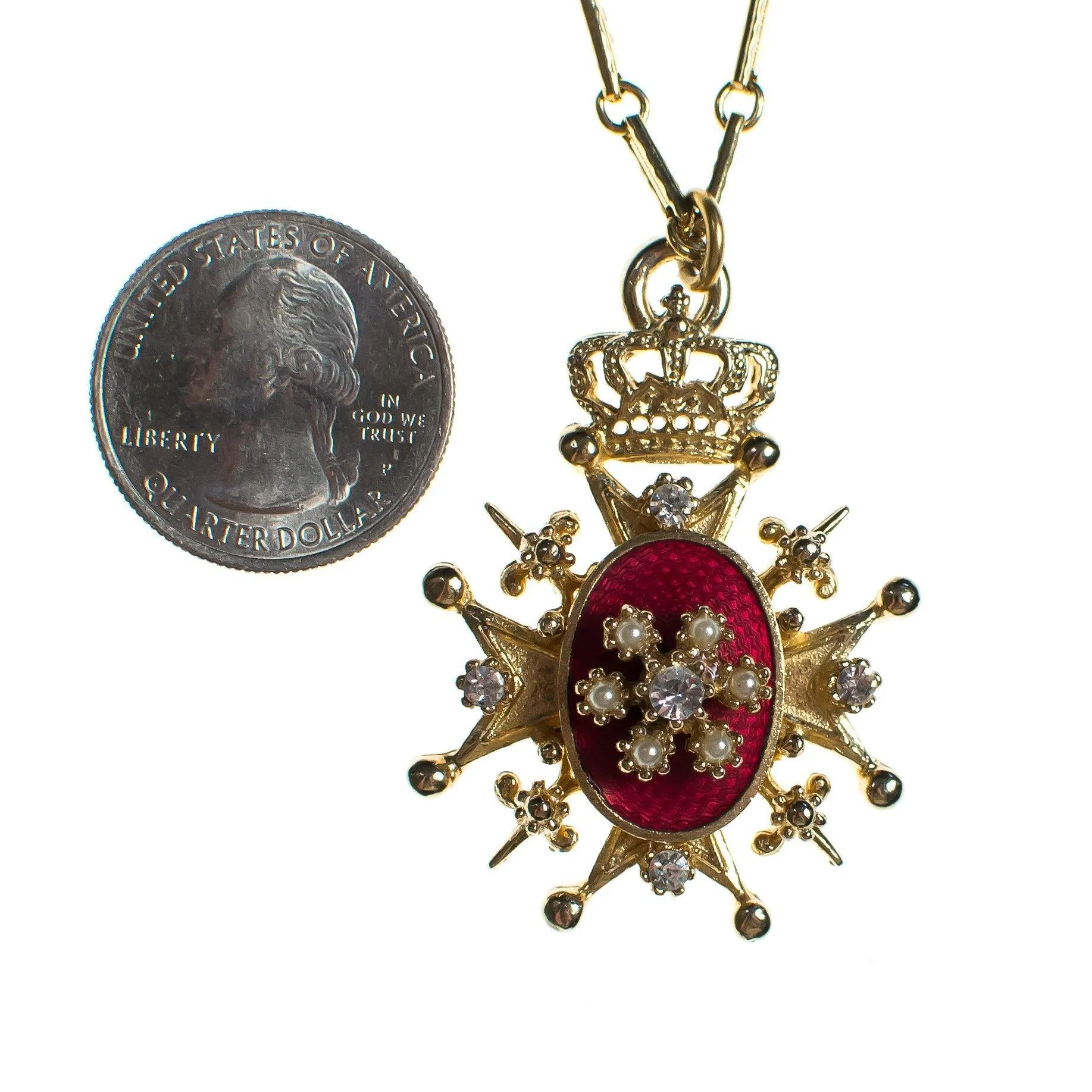 Vintage Coro Red Enamel and Rhinestone Heraldic Pendant Necklace