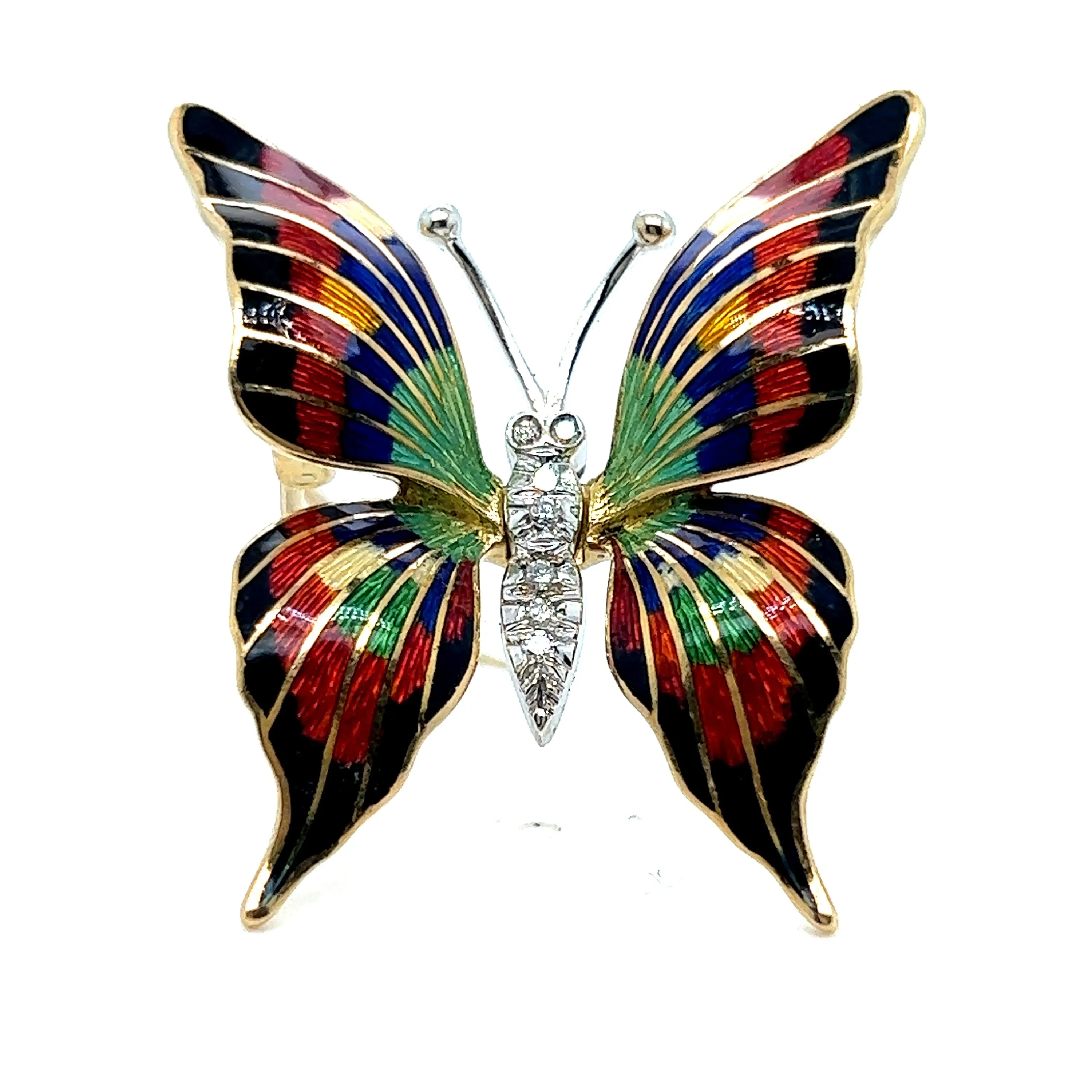 Vintage Diamond and Enamel Butterfly Fur Clip Brooch in 18K Yellow/ White Gold.
