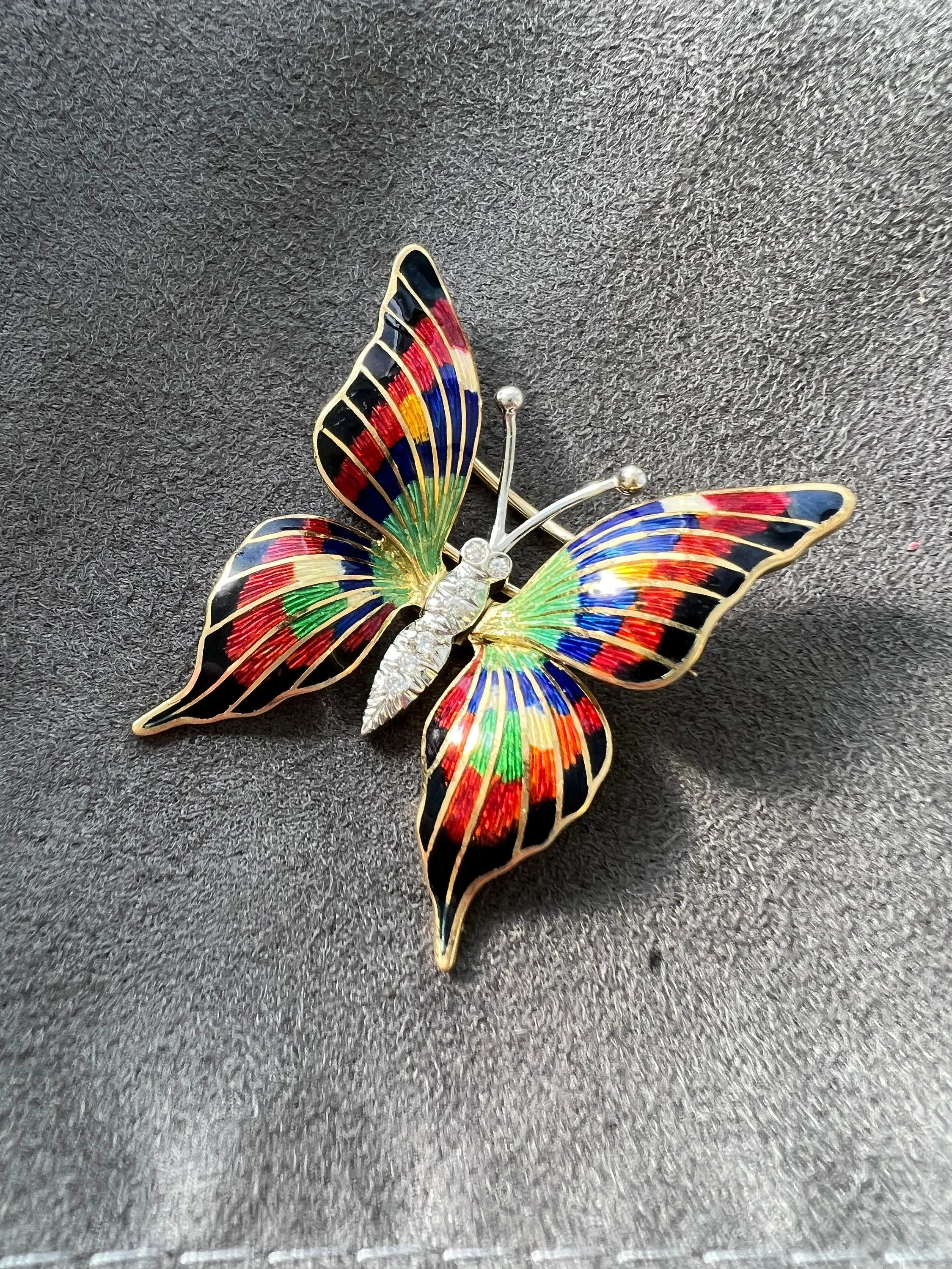 Vintage Diamond and Enamel Butterfly Fur Clip Brooch in 18K Yellow/ White Gold.