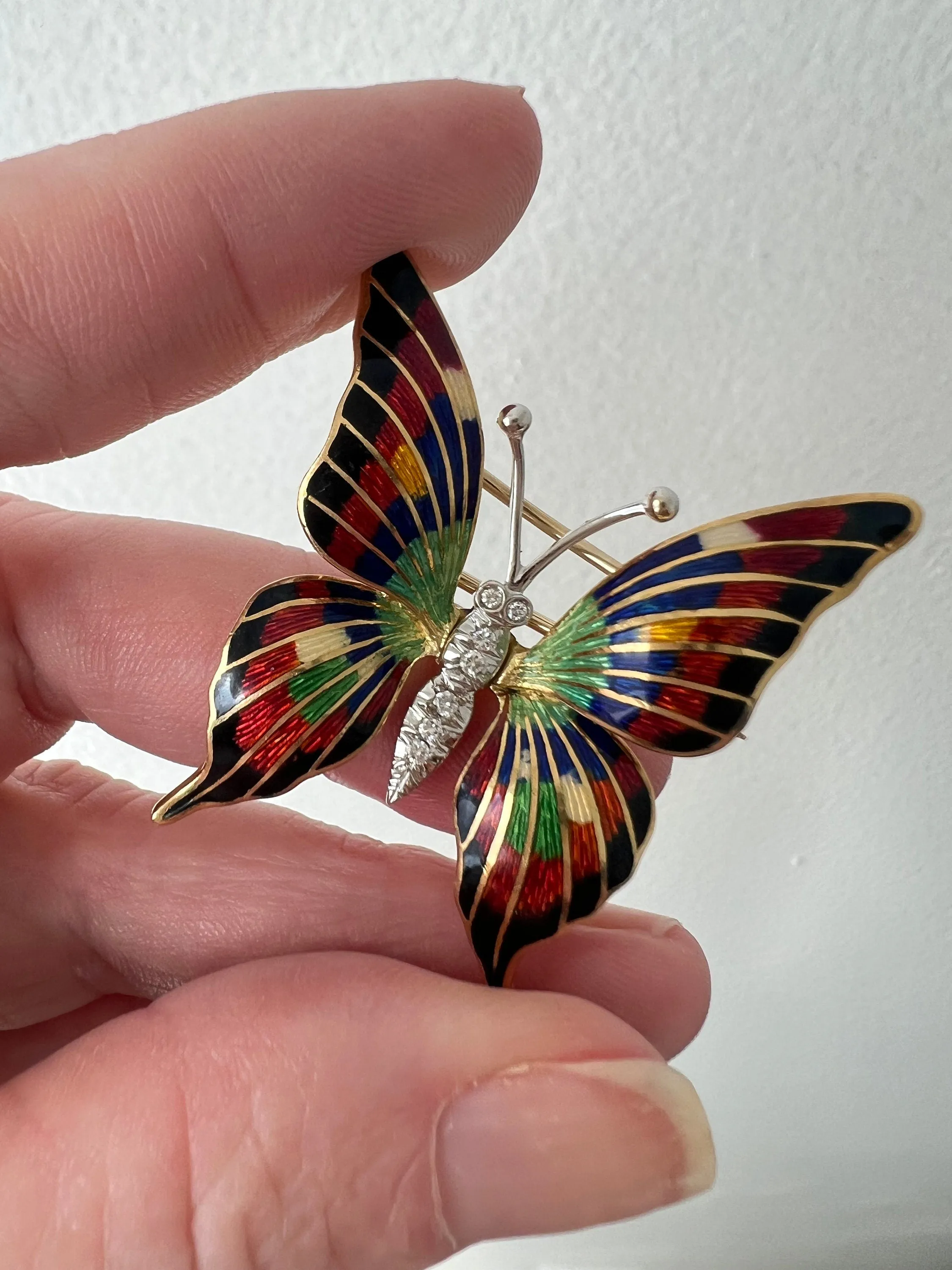 Vintage Diamond and Enamel Butterfly Fur Clip Brooch in 18K Yellow/ White Gold.