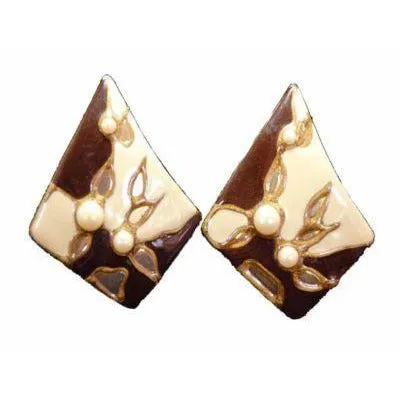 Vintage Diamond Shaped W/Pearl Pierced Earrings 1980S