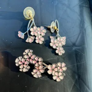 Vintage Enamel Cherry Blossom Earrings and Pin