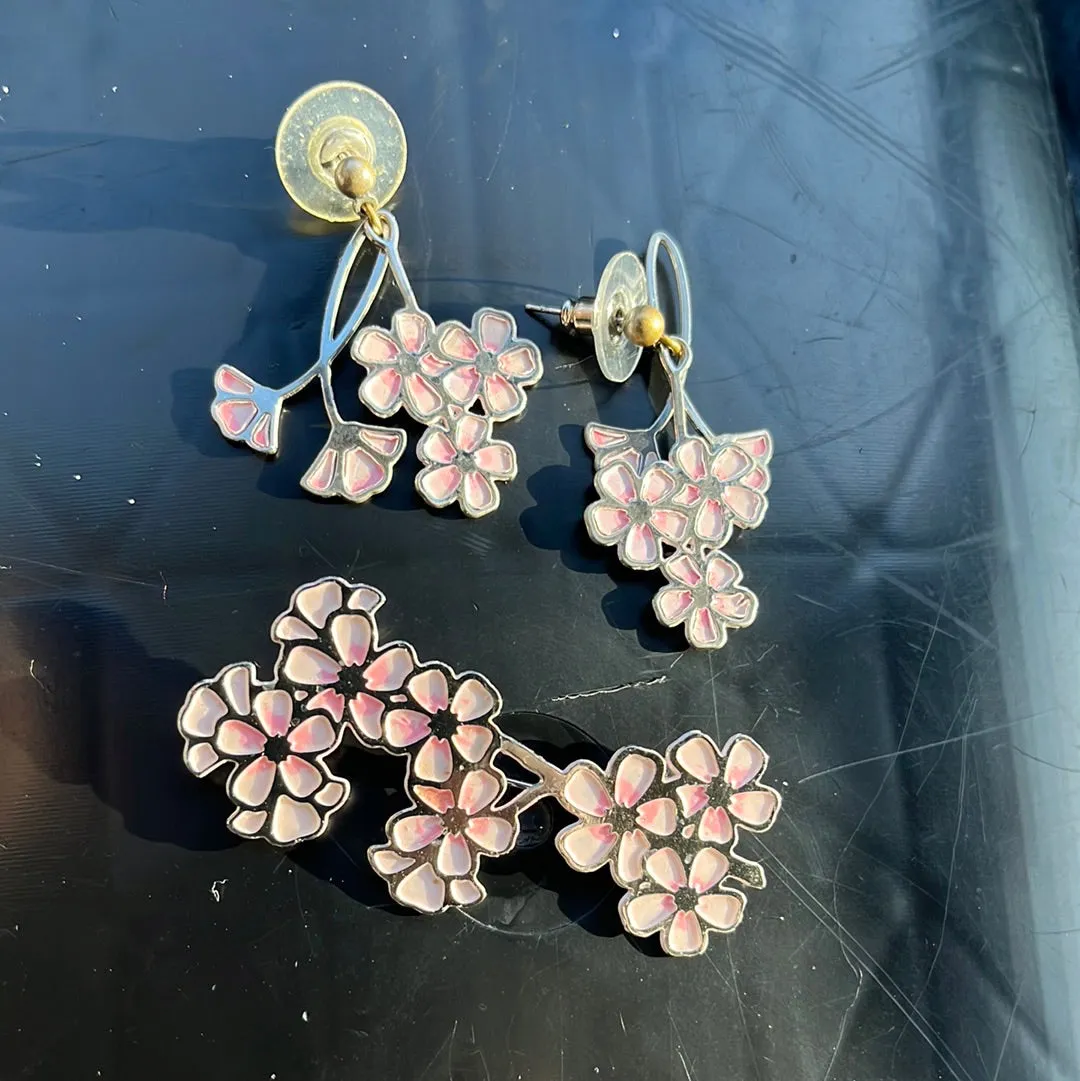 Vintage Enamel Cherry Blossom Earrings and Pin