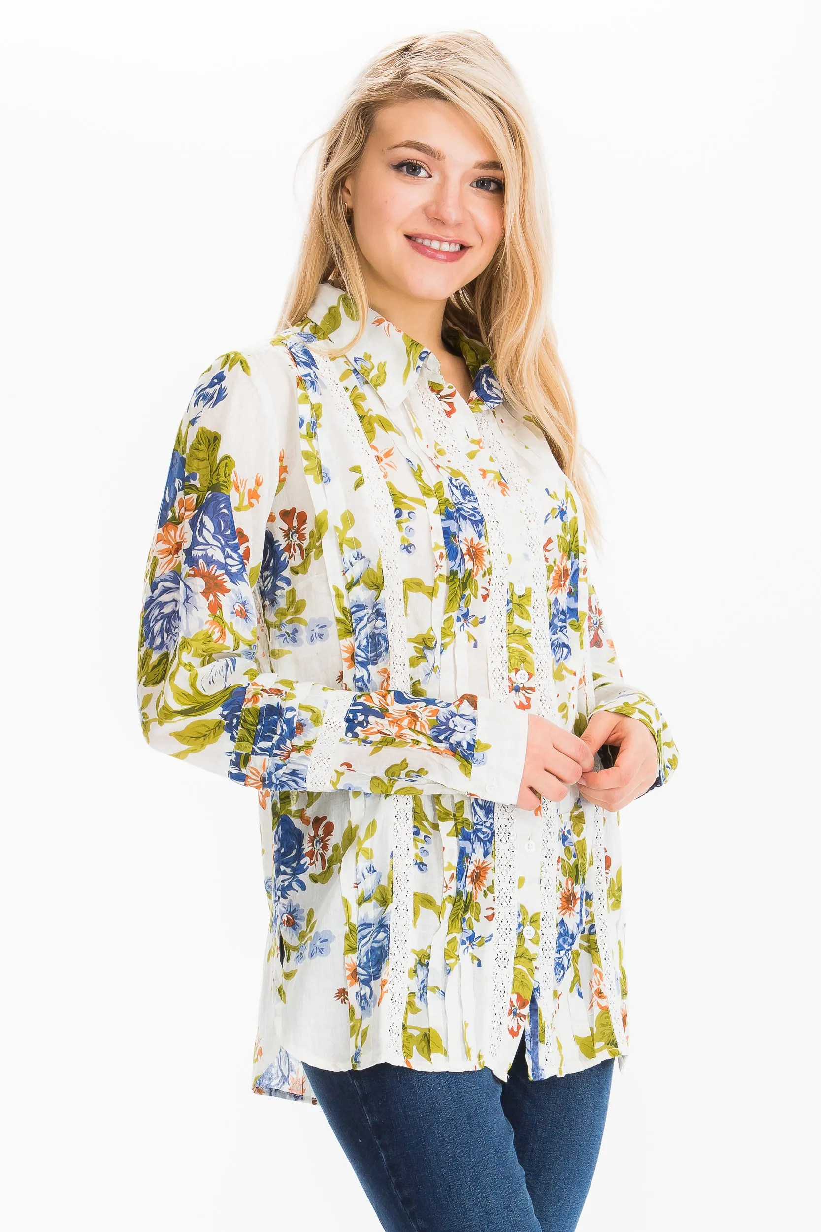 Vintage Floral Shirt with Lace Inserts and Pin Tucks