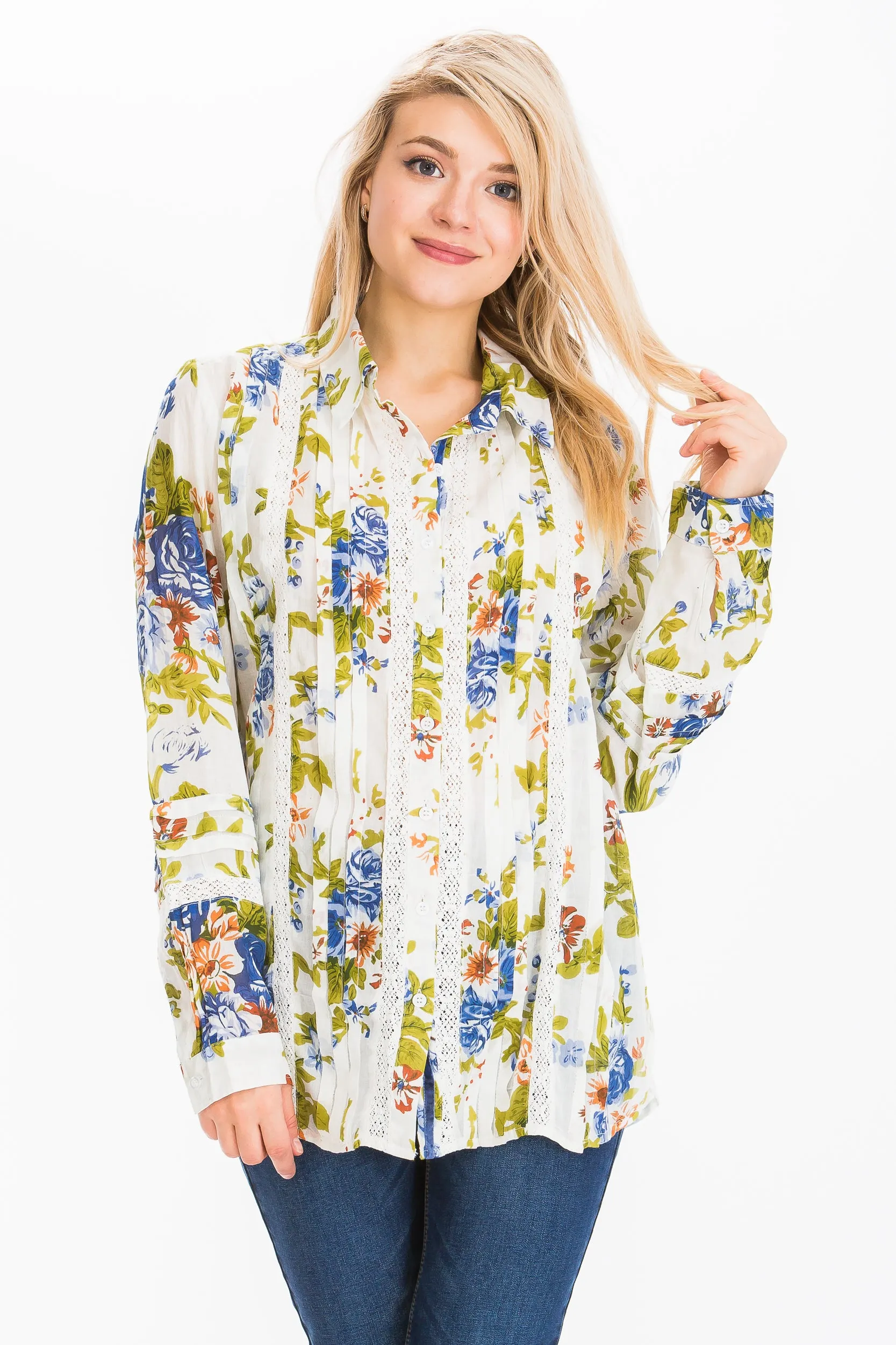 Vintage Floral Shirt with Lace Inserts and Pin Tucks