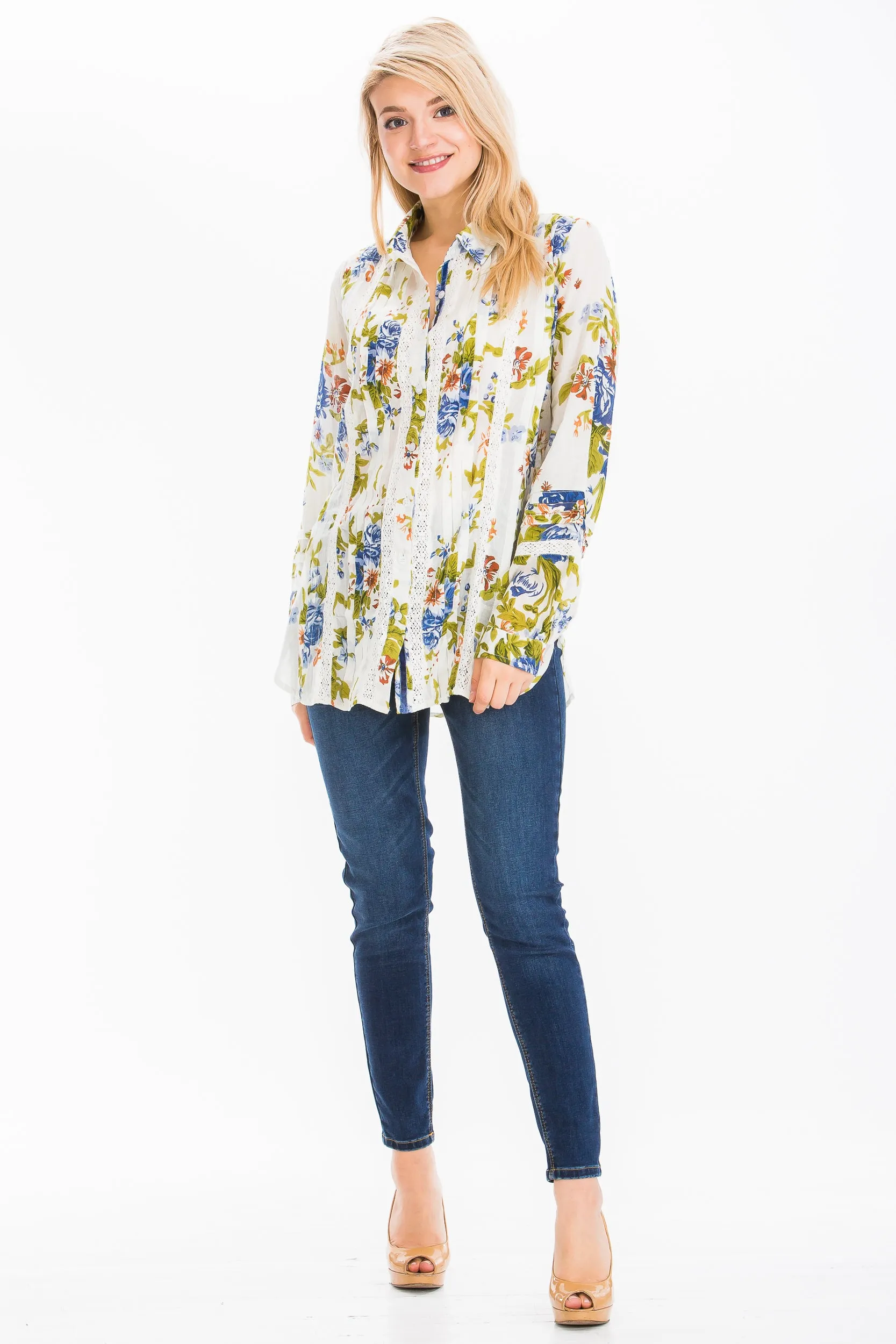 Vintage Floral Shirt with Lace Inserts and Pin Tucks
