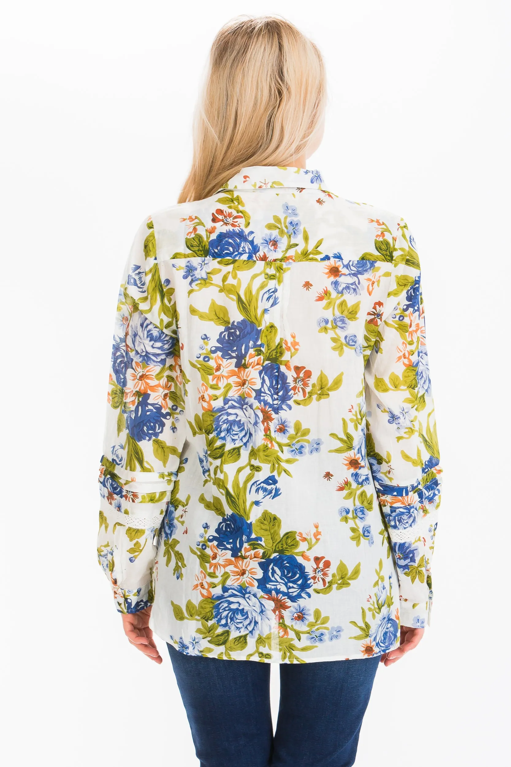 Vintage Floral Shirt with Lace Inserts and Pin Tucks