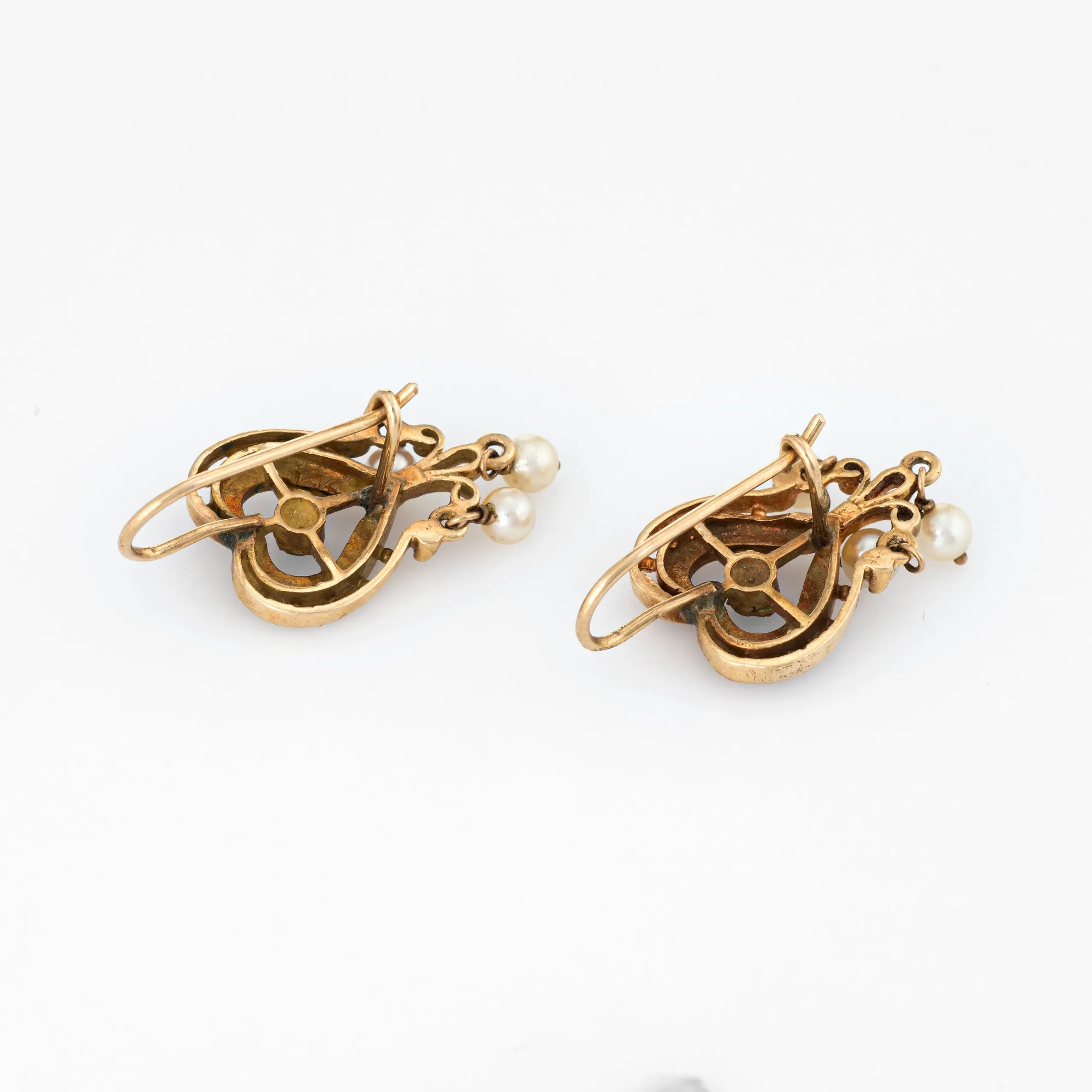 Vintage Heart Earrings 18k Yellow Gold Turquoise Pearl Enamel Estate Jewelry