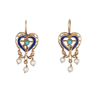 Vintage Heart Earrings 18k Yellow Gold Turquoise Pearl Enamel Estate Jewelry