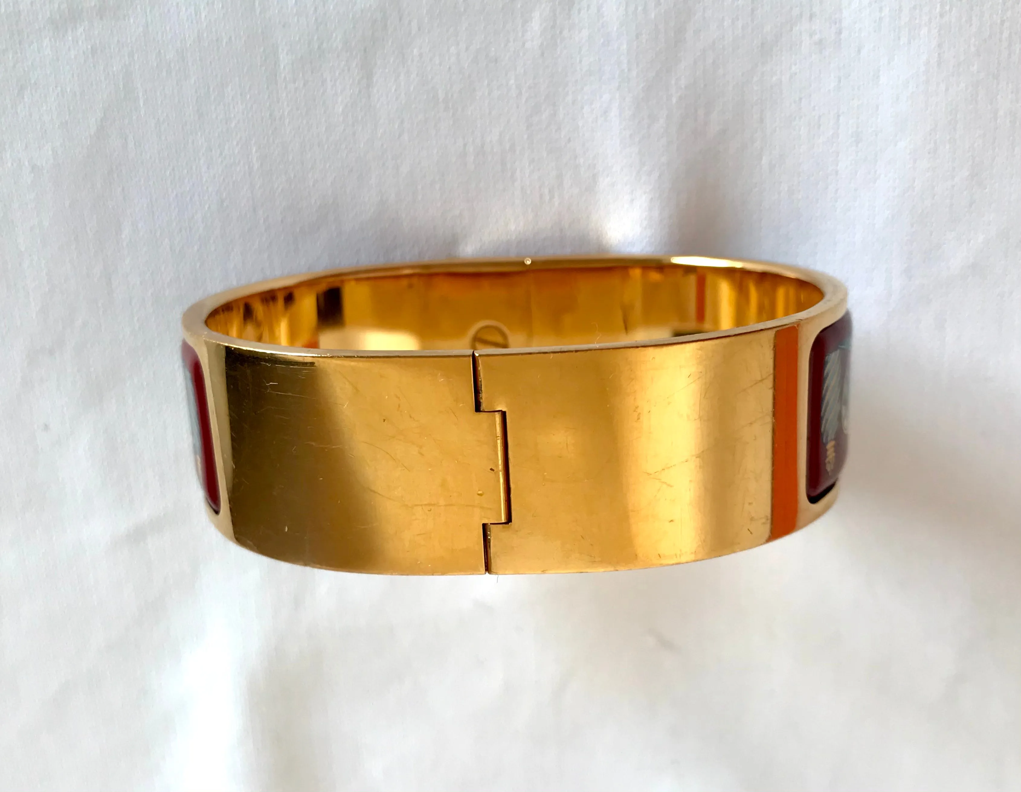 Vintage Hermes cloisonne enamel golden click and clack Flacon bangle with wine red and colorful perfume bottle design. Great gift idea. 050406r8