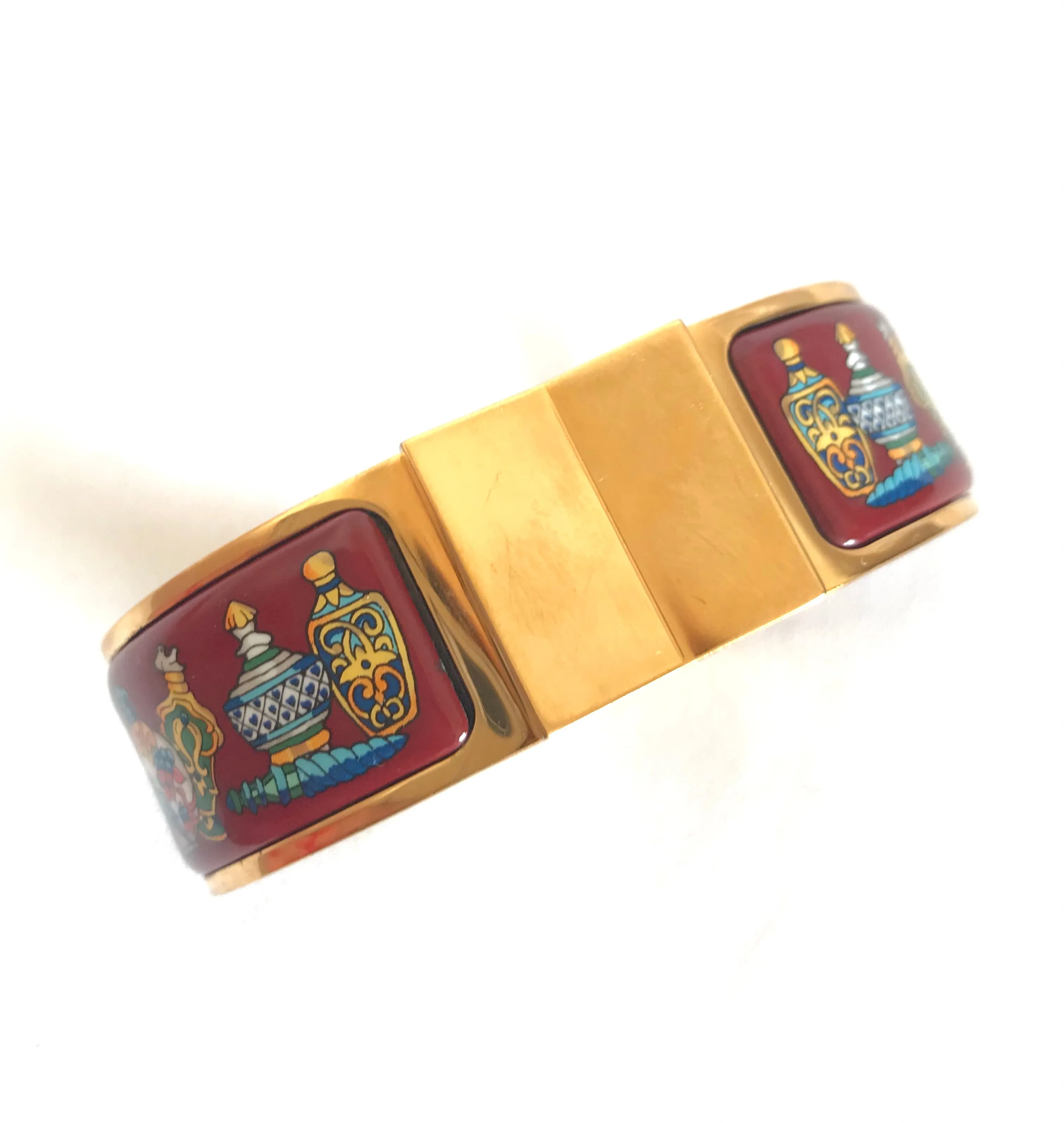 Vintage Hermes cloisonne enamel golden click and clack Flacon bangle with wine red and colorful perfume bottle design. Great gift idea. 050406r8