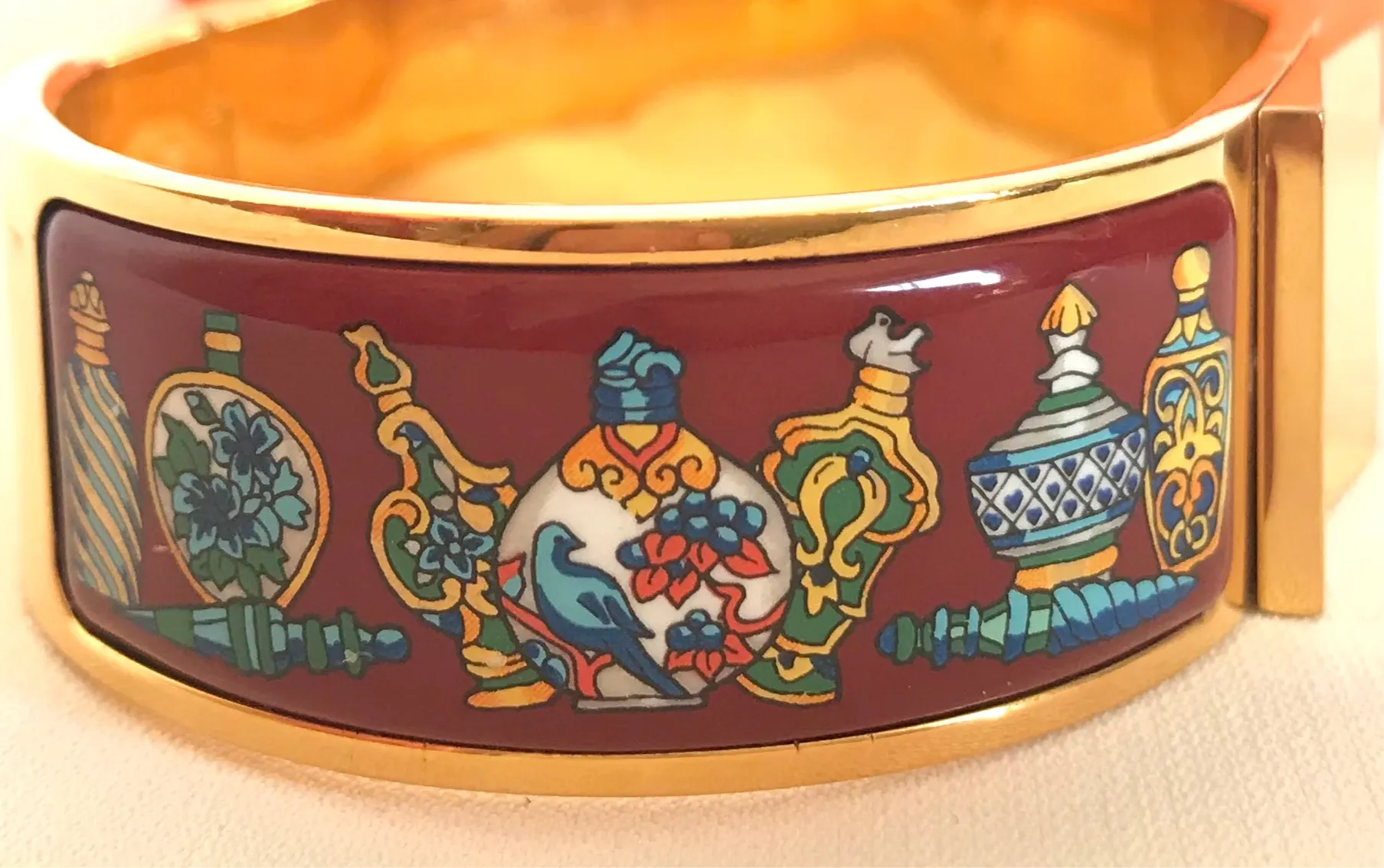Vintage Hermes cloisonne enamel golden click and clack Flacon bangle with wine red and colorful perfume bottle design. Great gift idea. 050406r8