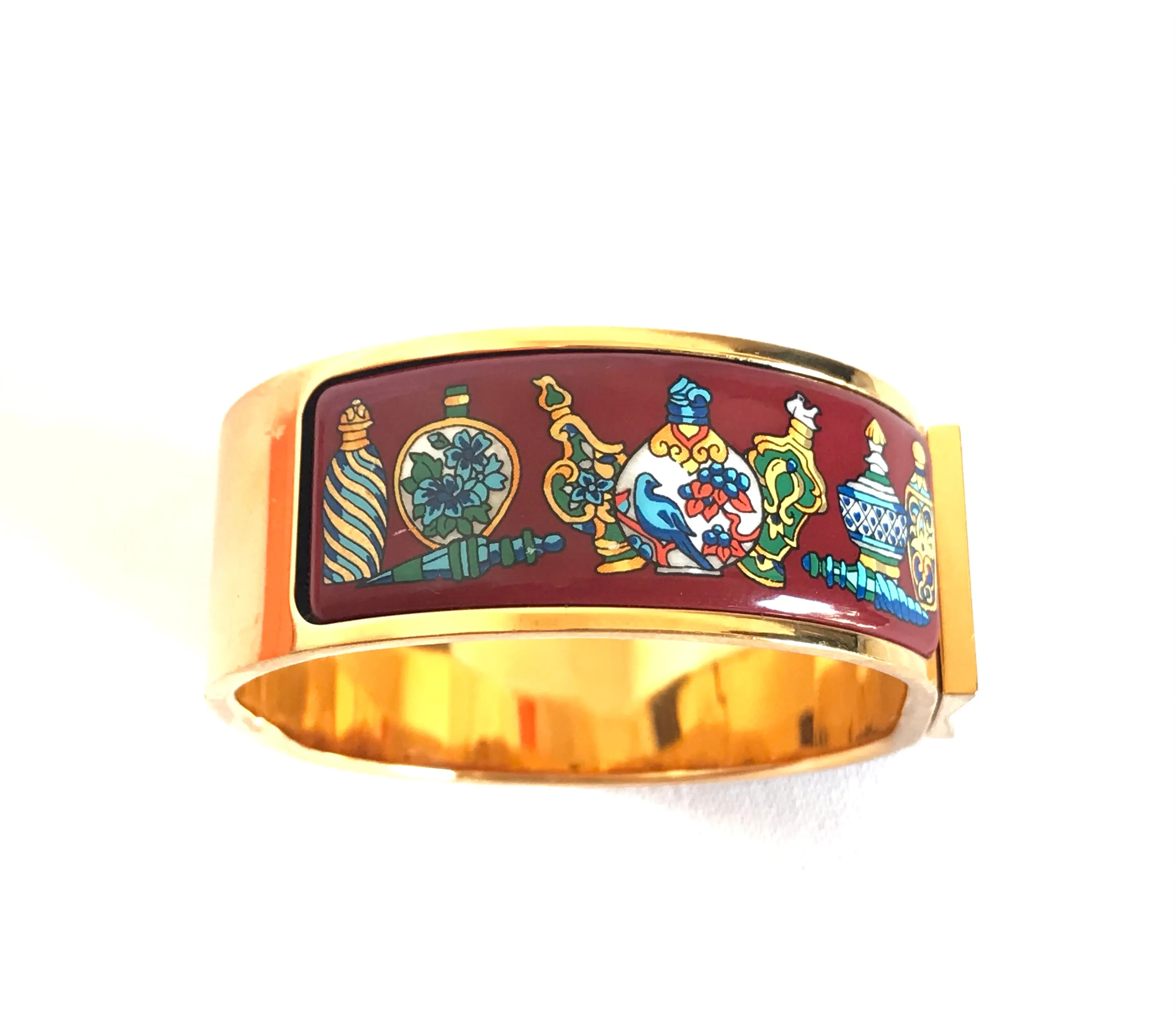 Vintage Hermes cloisonne enamel golden click and clack Flacon bangle with wine red and colorful perfume bottle design. Great gift idea. 050406r8