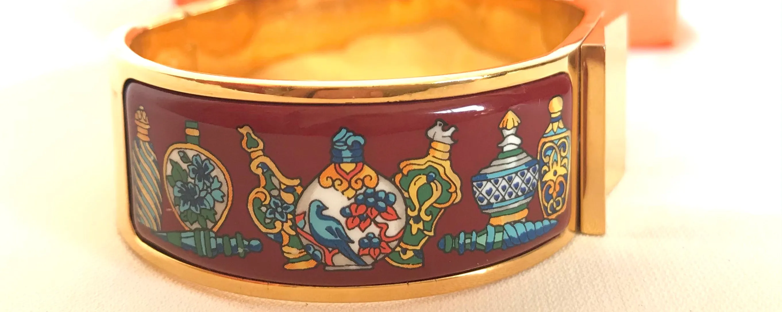 Vintage Hermes cloisonne enamel golden click and clack Flacon bangle with wine red and colorful perfume bottle design. Great gift idea. 050406r8