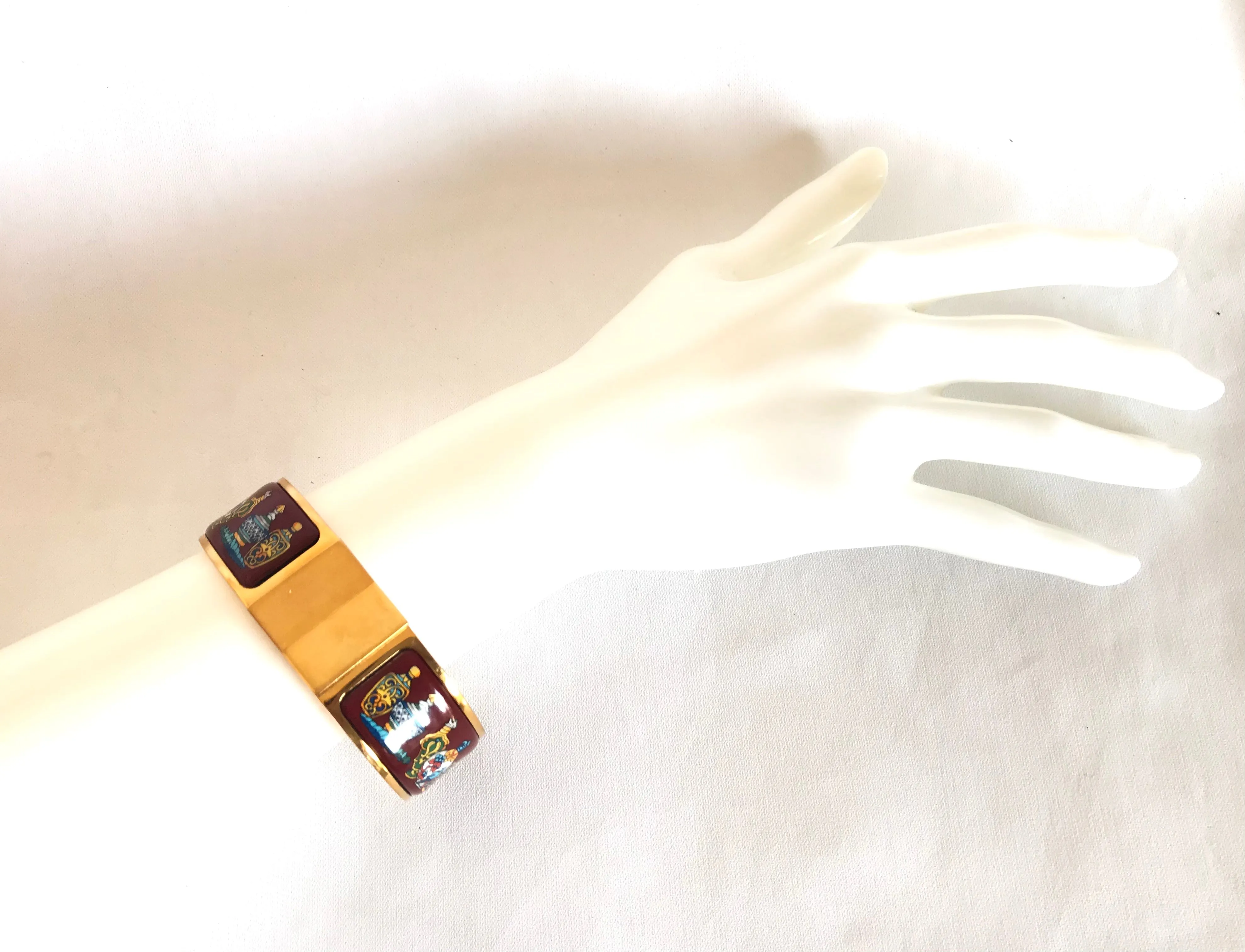 Vintage Hermes cloisonne enamel golden click and clack Flacon bangle with wine red and colorful perfume bottle design. Great gift idea. 050406r8