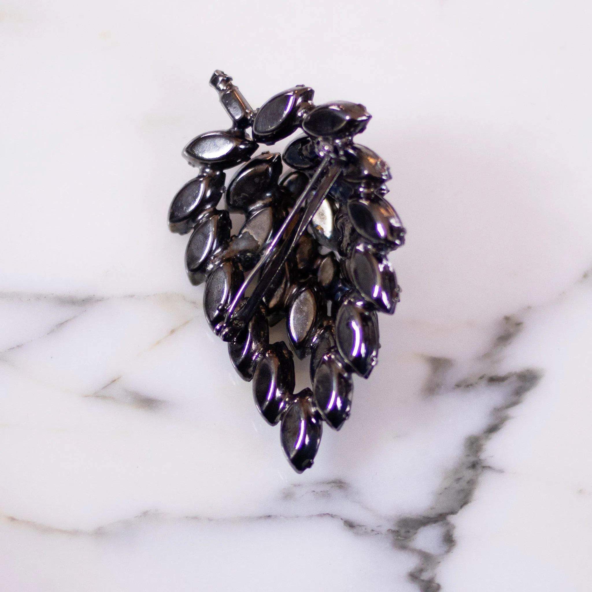 Vintage Jet Crystal Rhinestone Leaf Brooch