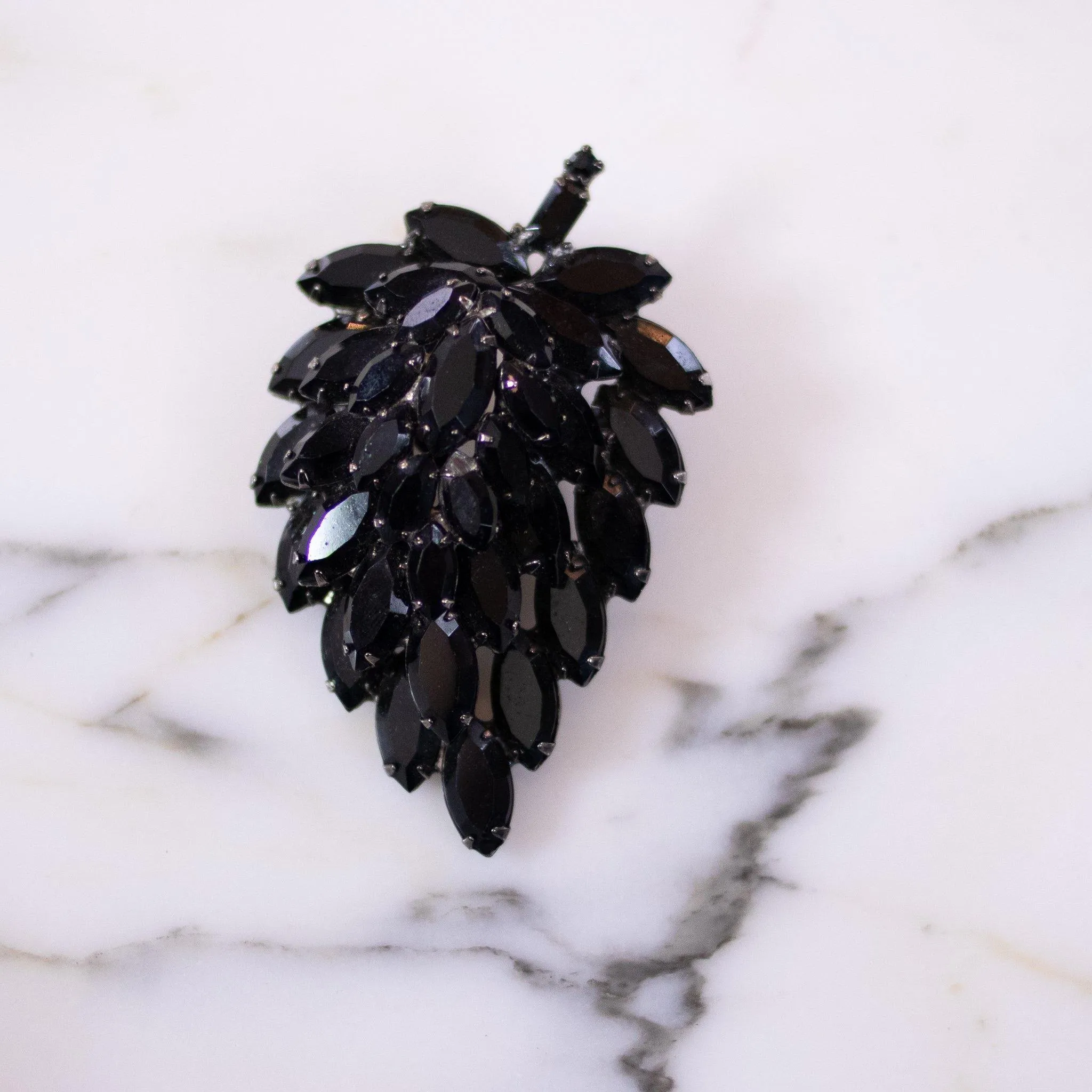 Vintage Jet Crystal Rhinestone Leaf Brooch