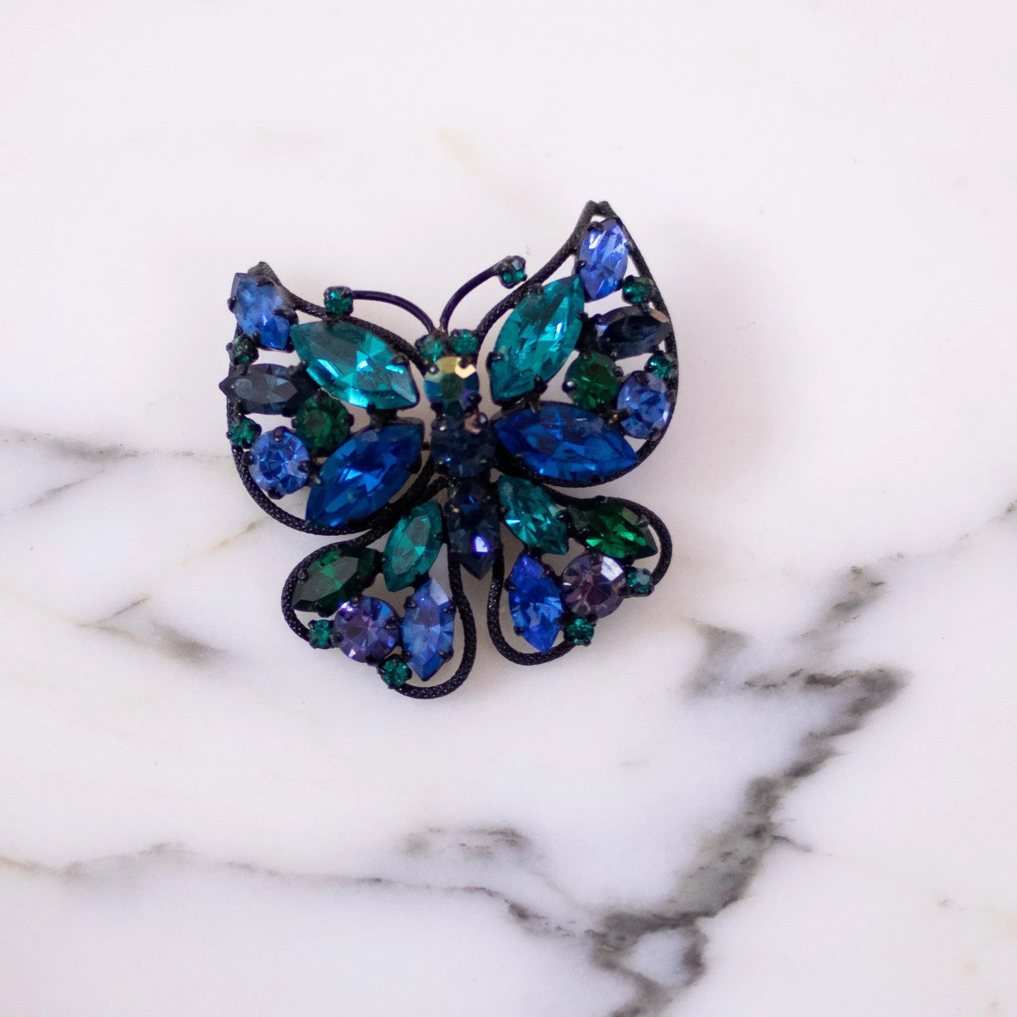 Vintage Made in Austria Blue and Green Rhinestone Butterfly Brooch