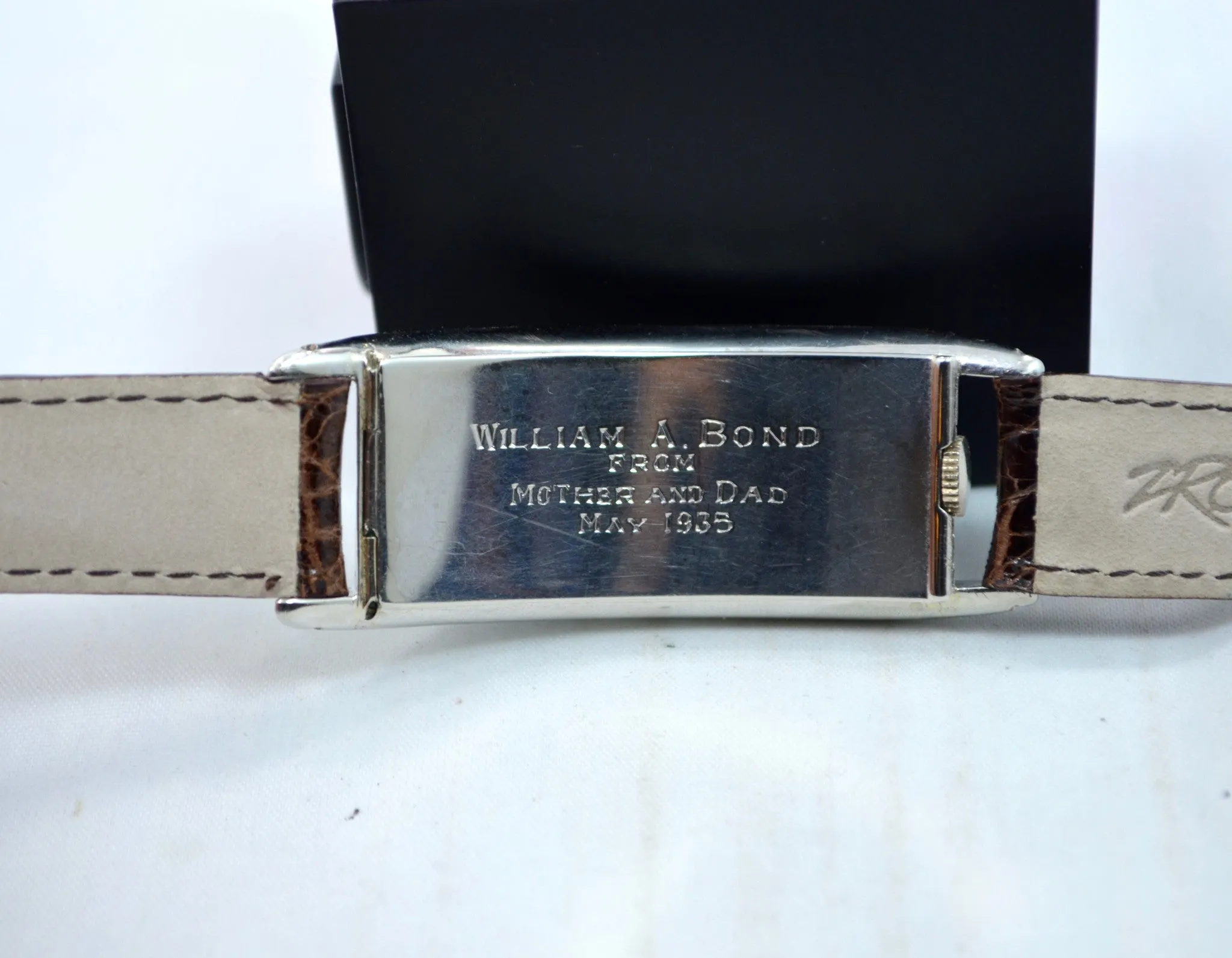 Vintage Movado Polyplan 18K White Gold Large Size Enamel Rectangular Wristwatch
