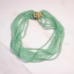 Vintage Sandor Light Green Bead Torsade Necklace with Floral Clasp