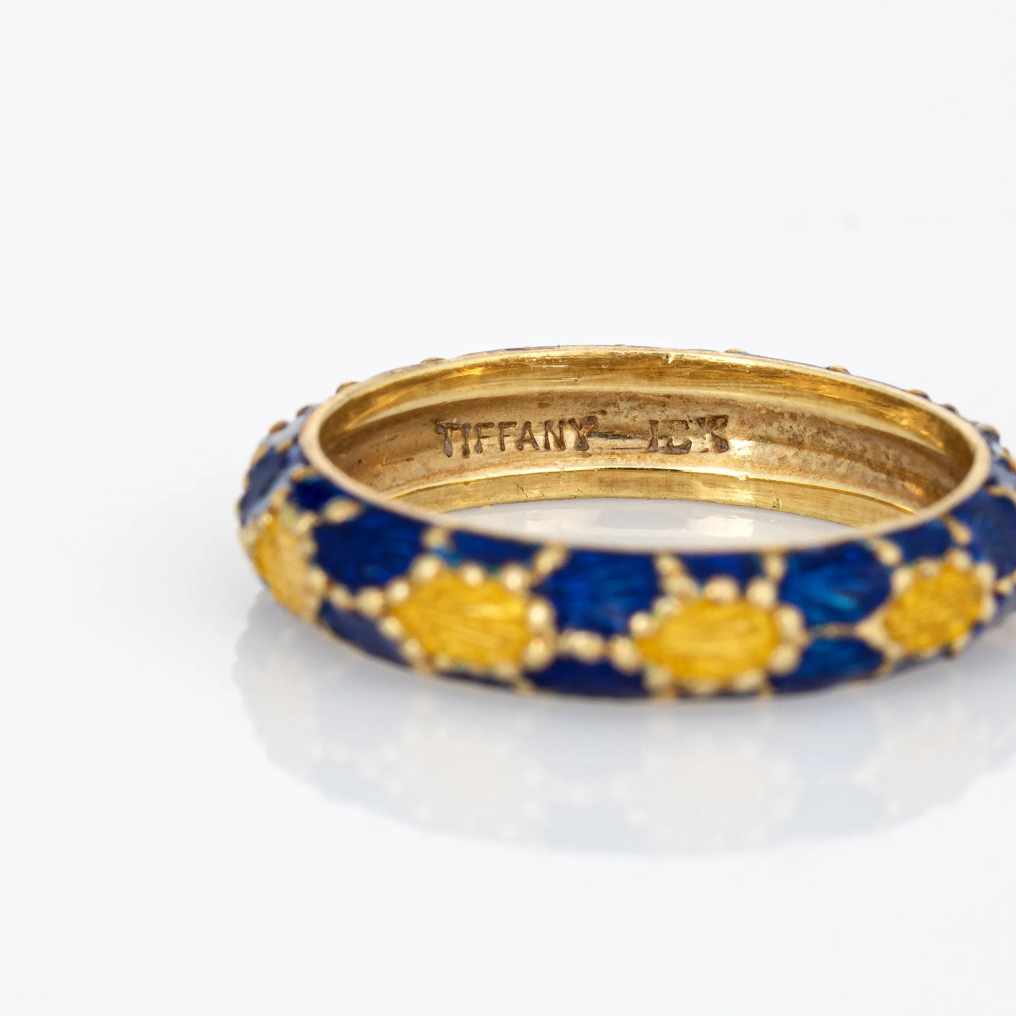 Vintage Tiffany & Co Enamel Ring Sz 7 Blue Yellow Band Estate Signed Jewelry