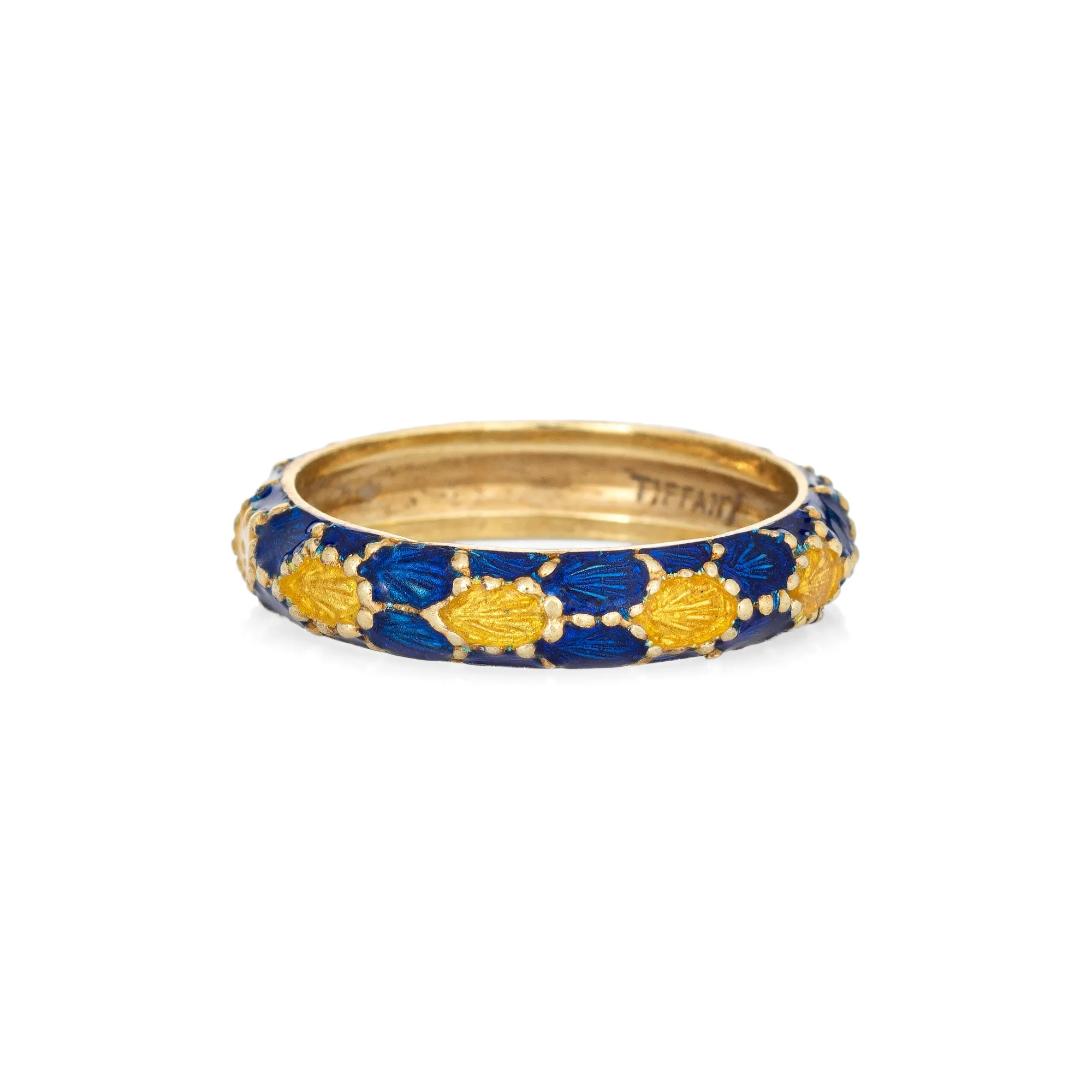 Vintage Tiffany & Co Enamel Ring Sz 7 Blue Yellow Band Estate Signed Jewelry