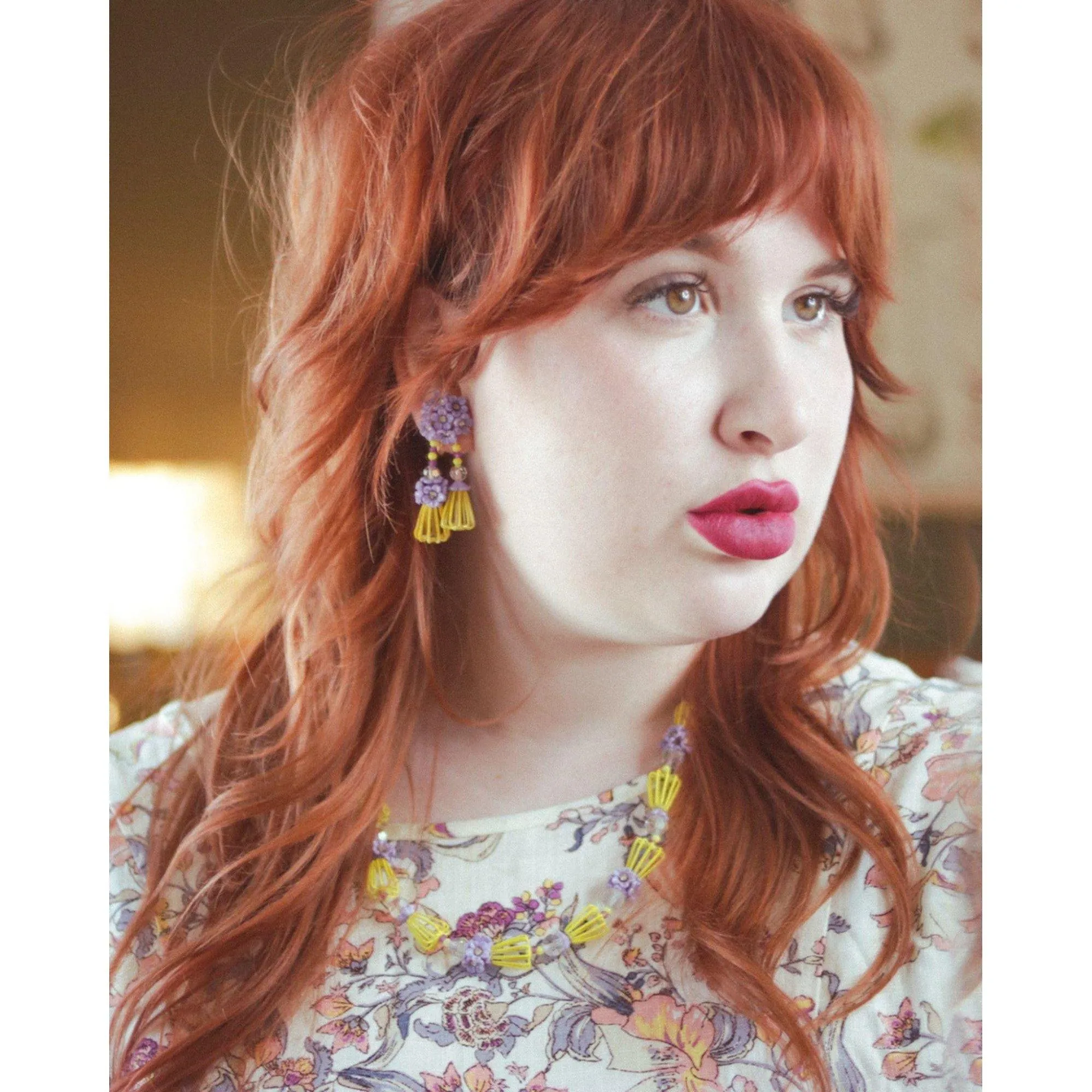 Vintage Vendome Yellow and Purple Caged Flower Earrings