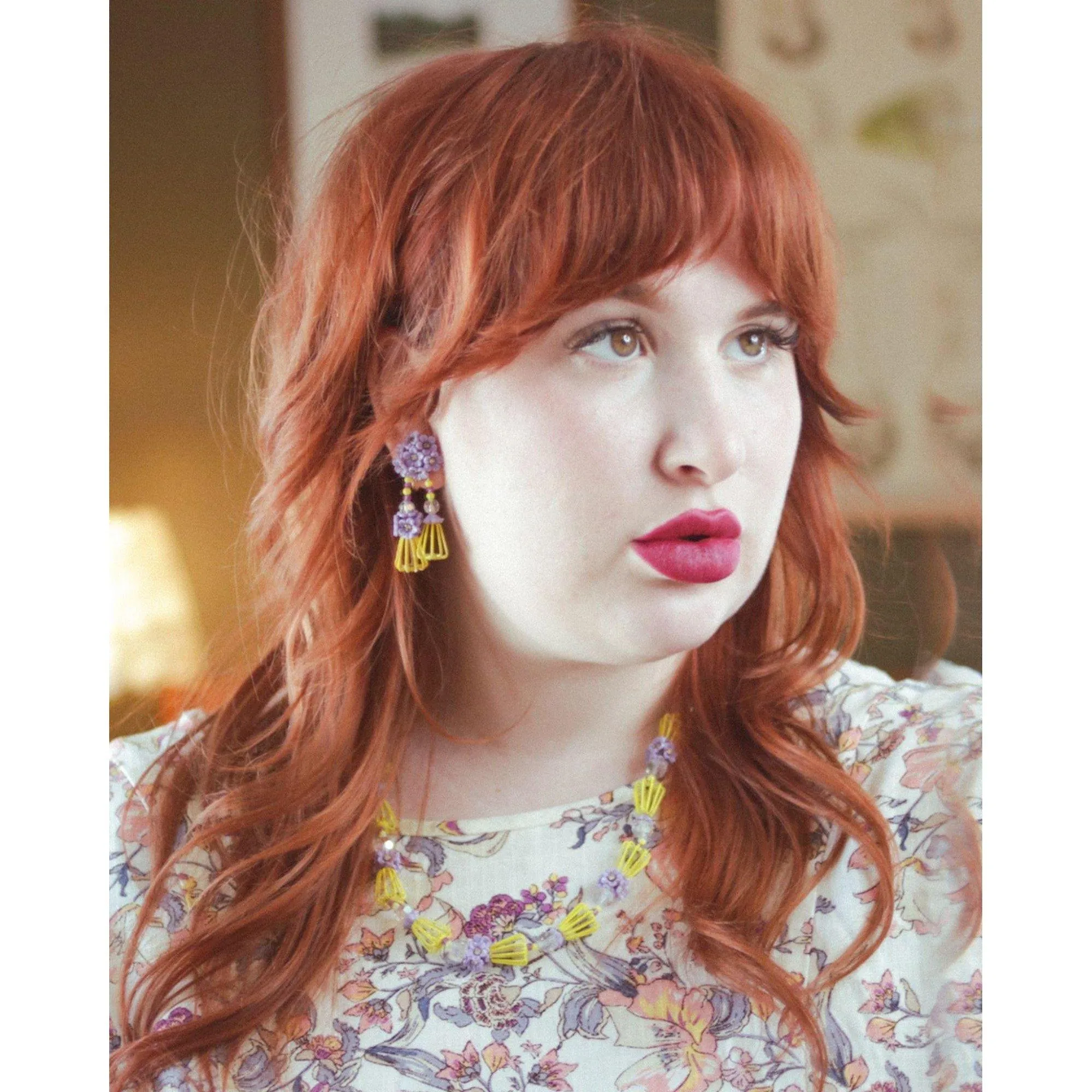 Vintage Vendome Yellow and Purple Caged Flower Earrings