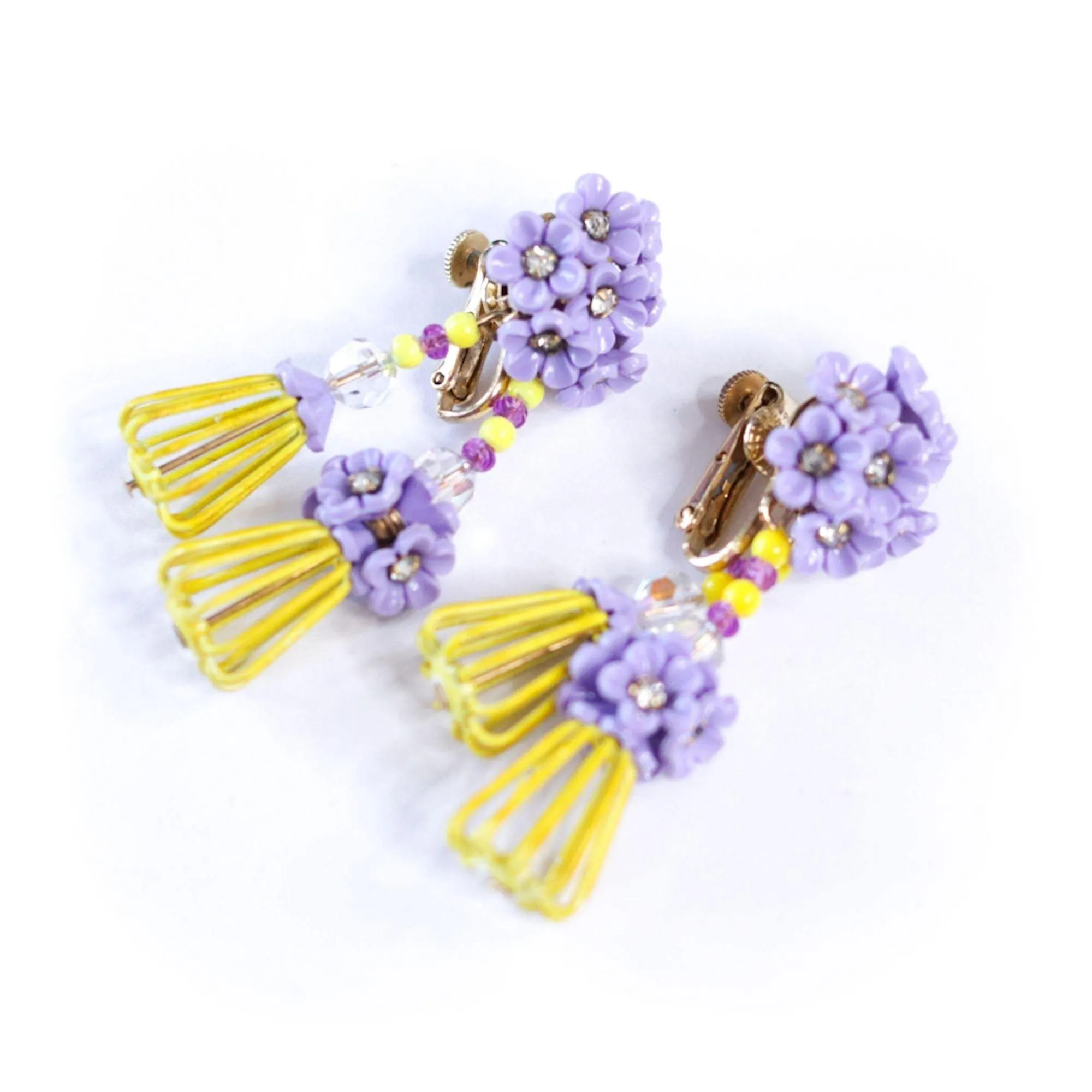 Vintage Vendome Yellow and Purple Caged Flower Earrings