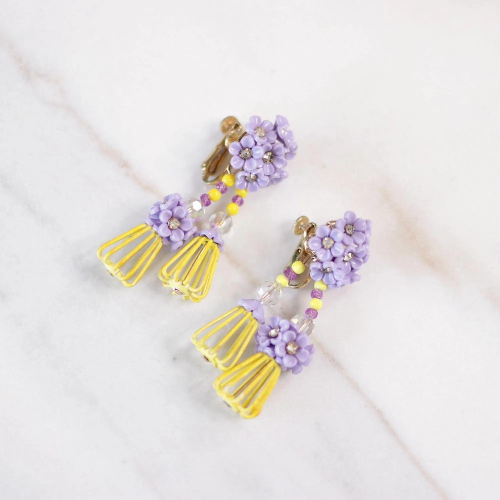 Vintage Vendome Yellow and Purple Caged Flower Earrings