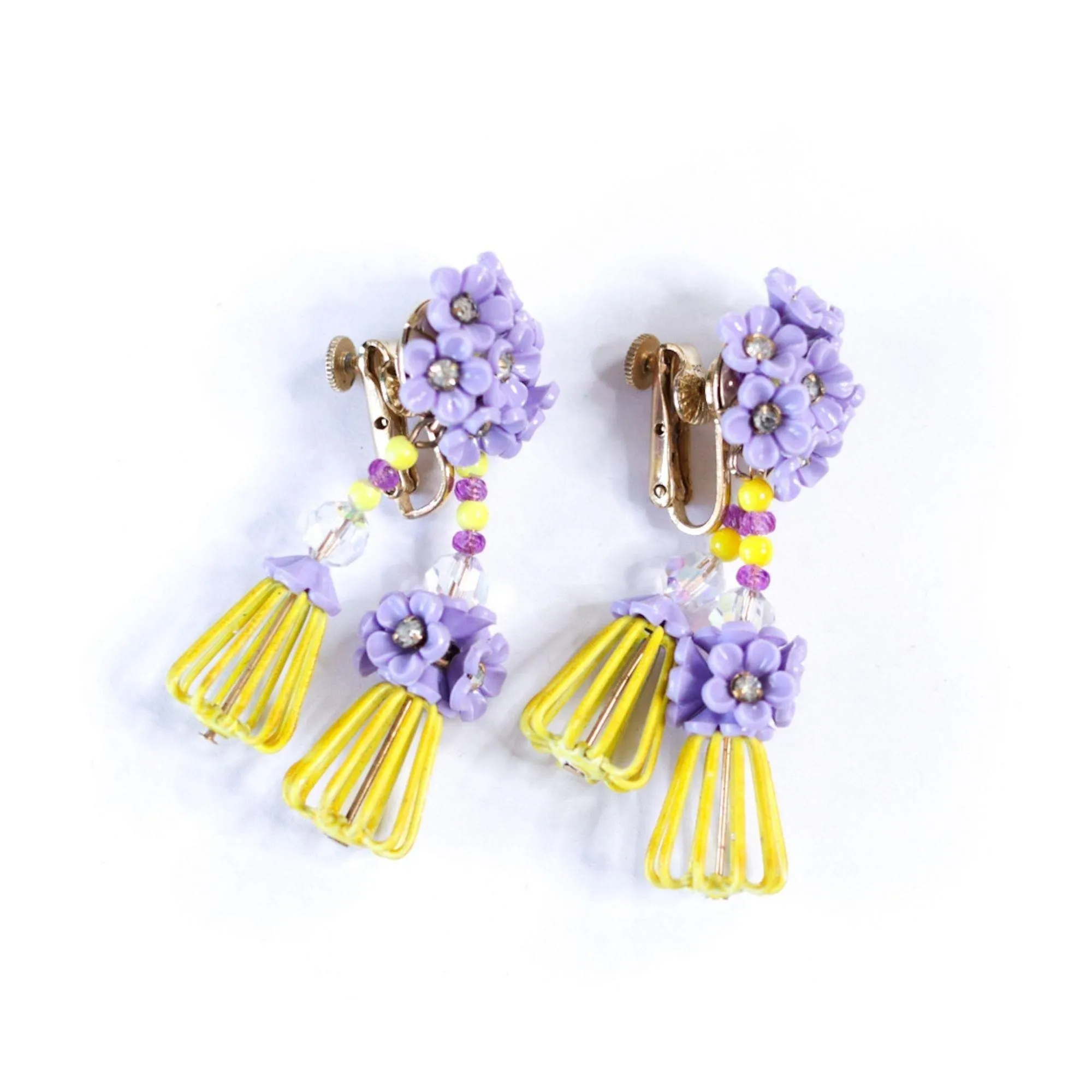 Vintage Vendome Yellow and Purple Caged Flower Earrings