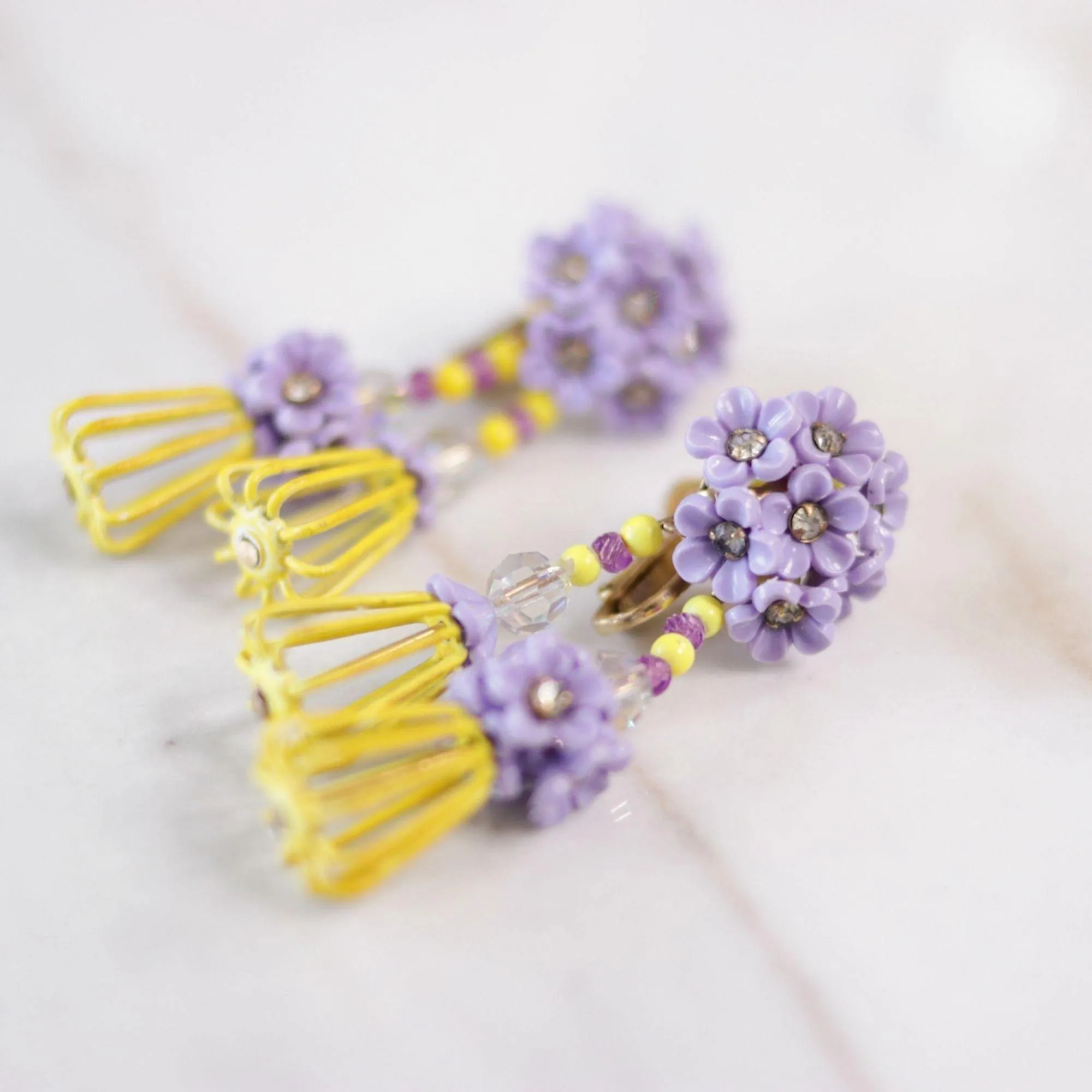 Vintage Vendome Yellow and Purple Caged Flower Earrings