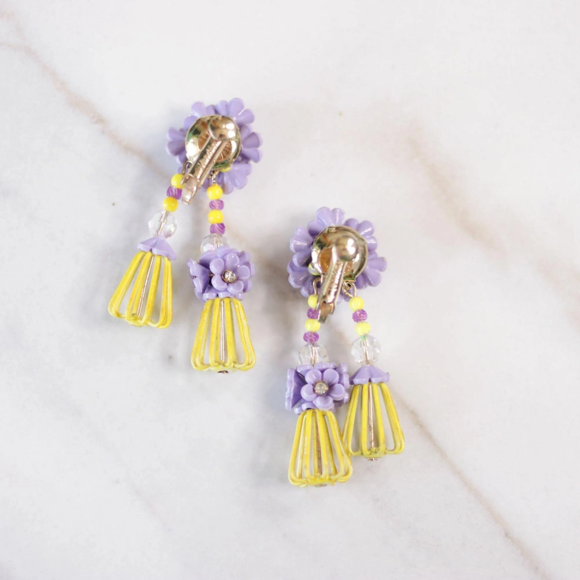 Vintage Vendome Yellow and Purple Caged Flower Earrings