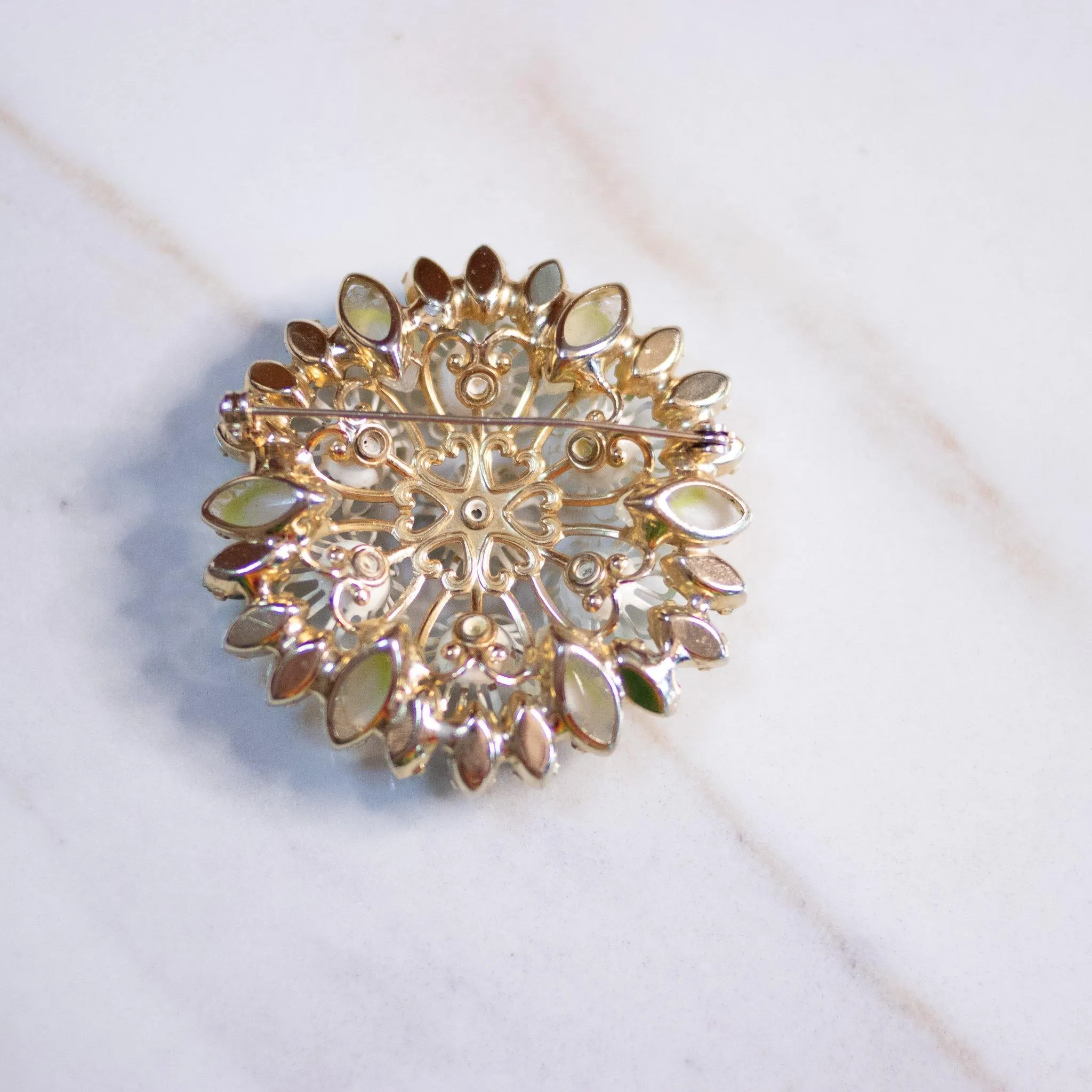 Vintage White Daisy Brooch with Aurora Borealis and Green Marquise Rhinestones