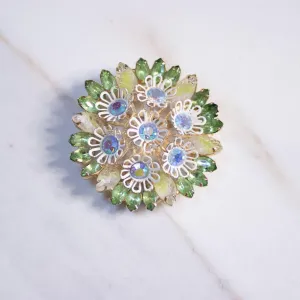 Vintage White Daisy Brooch with Aurora Borealis and Green Marquise Rhinestones