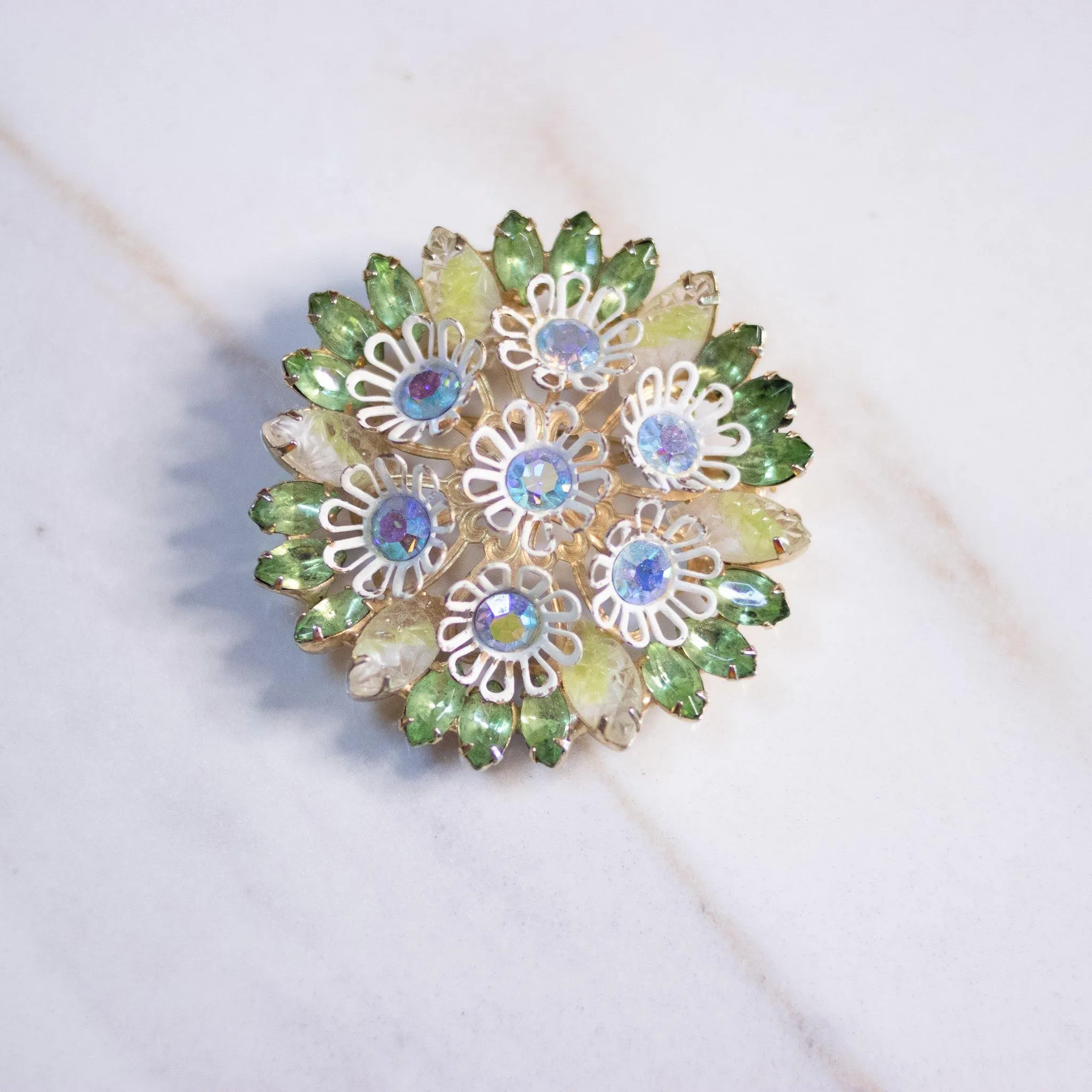 Vintage White Daisy Brooch with Aurora Borealis and Green Marquise Rhinestones