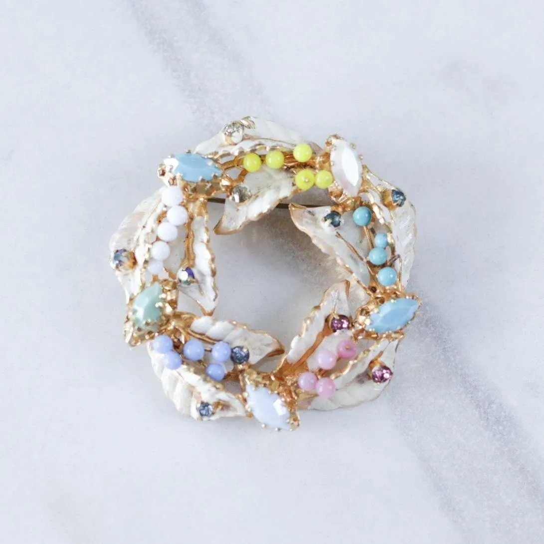 Vintage White Enamel Leaf Brooch with Colorful Pastel Rhinestones