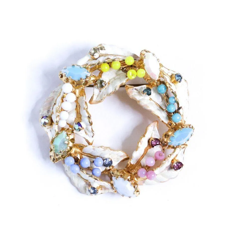 Vintage White Enamel Leaf Brooch with Colorful Pastel Rhinestones