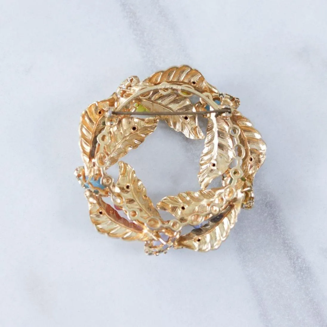 Vintage White Enamel Leaf Brooch with Colorful Pastel Rhinestones