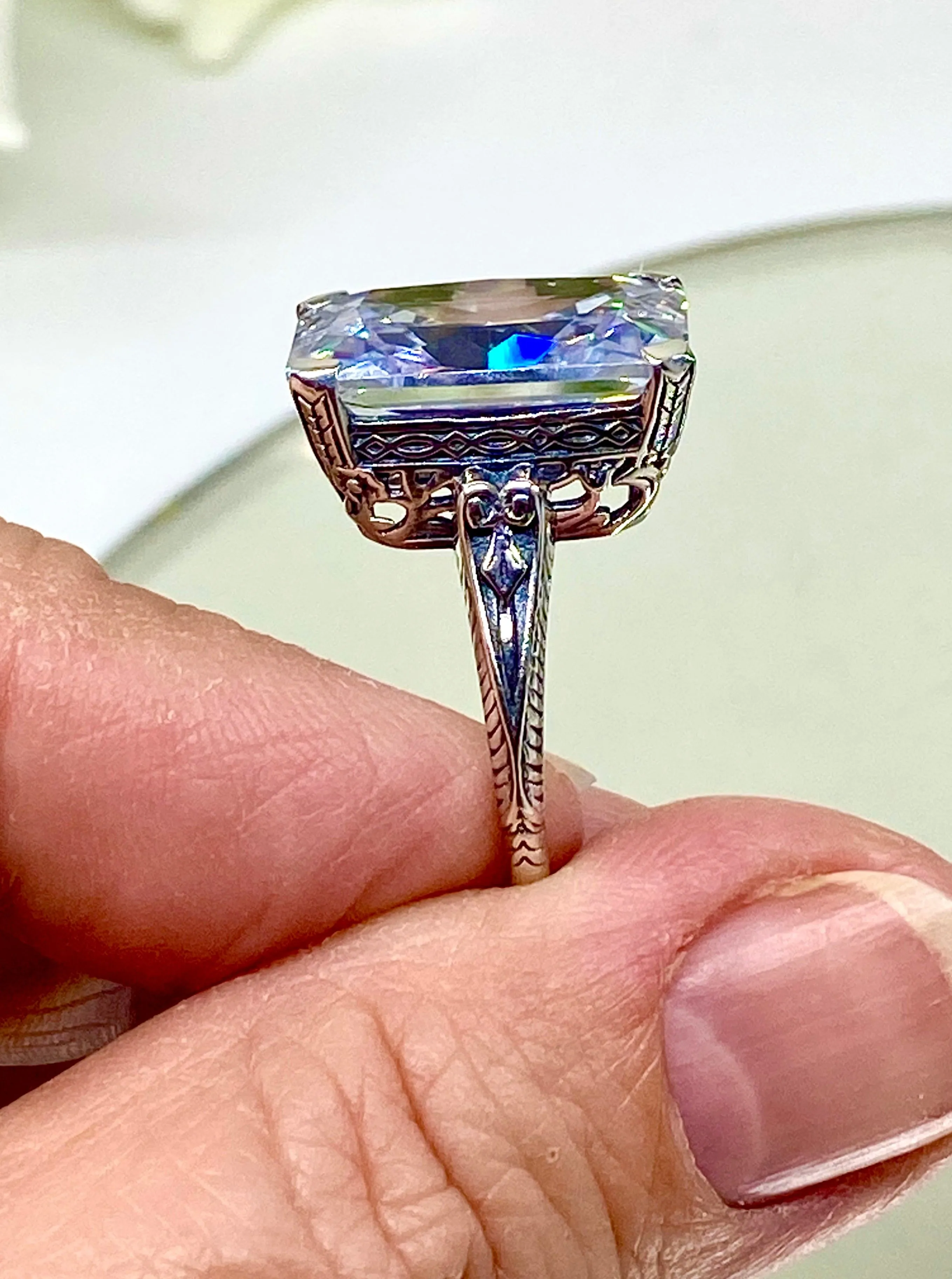 White CZ Ring, 10ct Rectangle Gem, Vintage Jewelry #D5