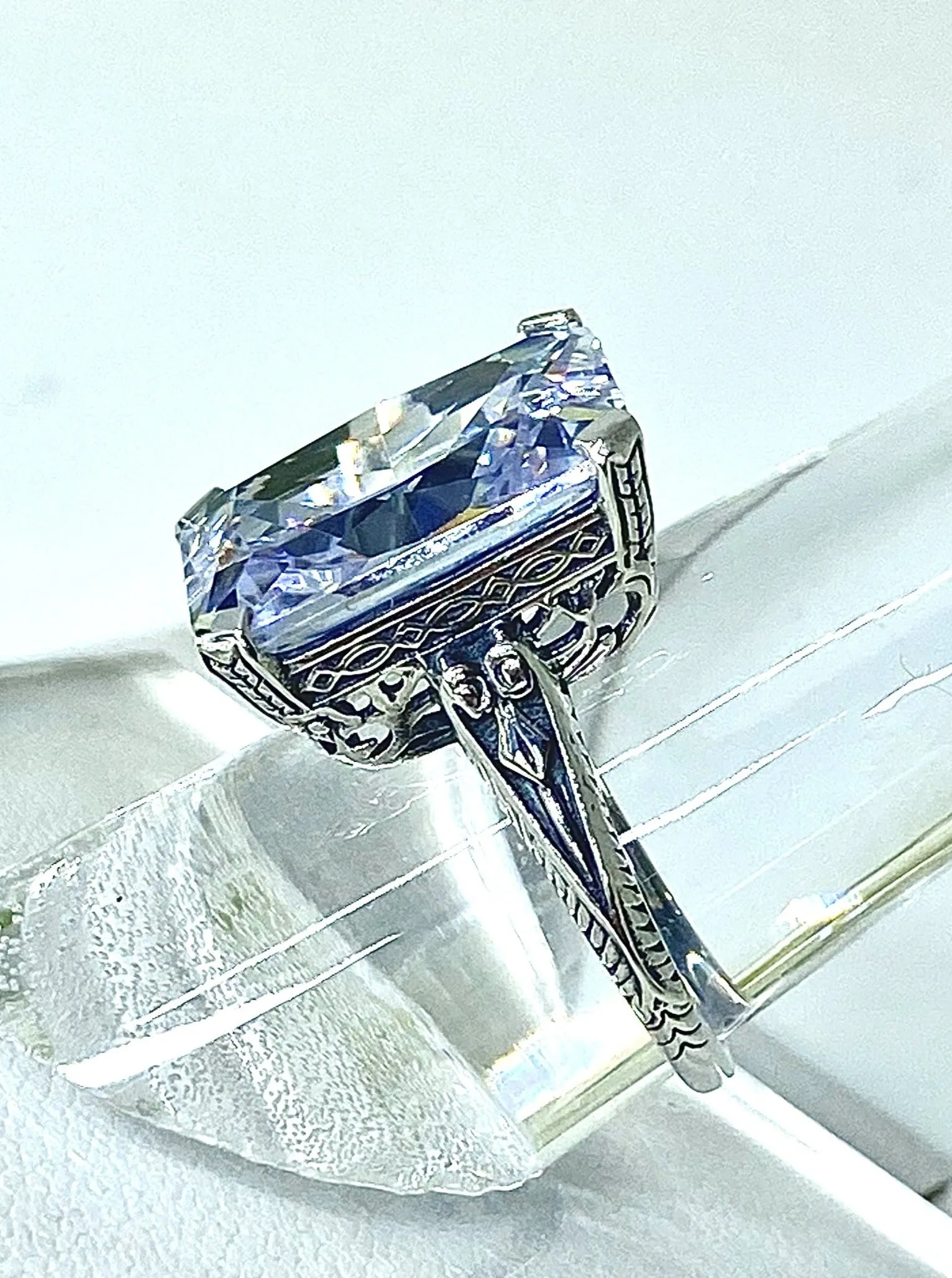 White CZ Ring, 10ct Rectangle Gem, Vintage Jewelry #D5