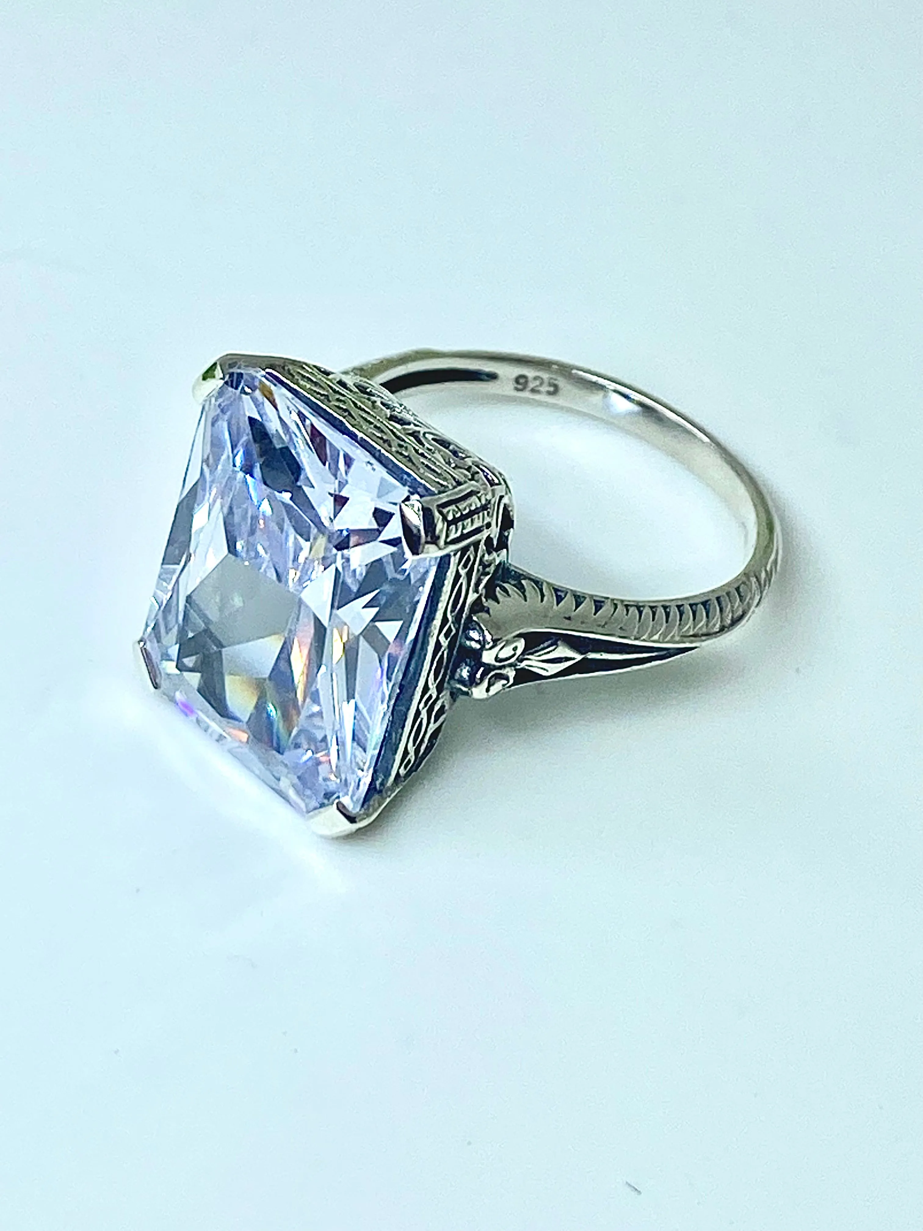 White CZ Ring, 10ct Rectangle Gem, Vintage Jewelry #D5