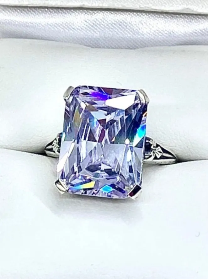 White CZ Ring, 10ct Rectangle Gem, Vintage Jewelry #D5