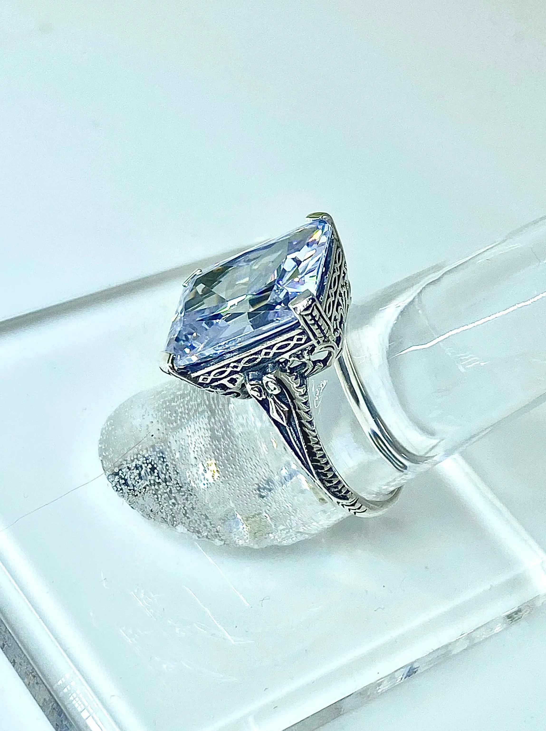White CZ Ring, 10ct Rectangle Gem, Vintage Jewelry #D5