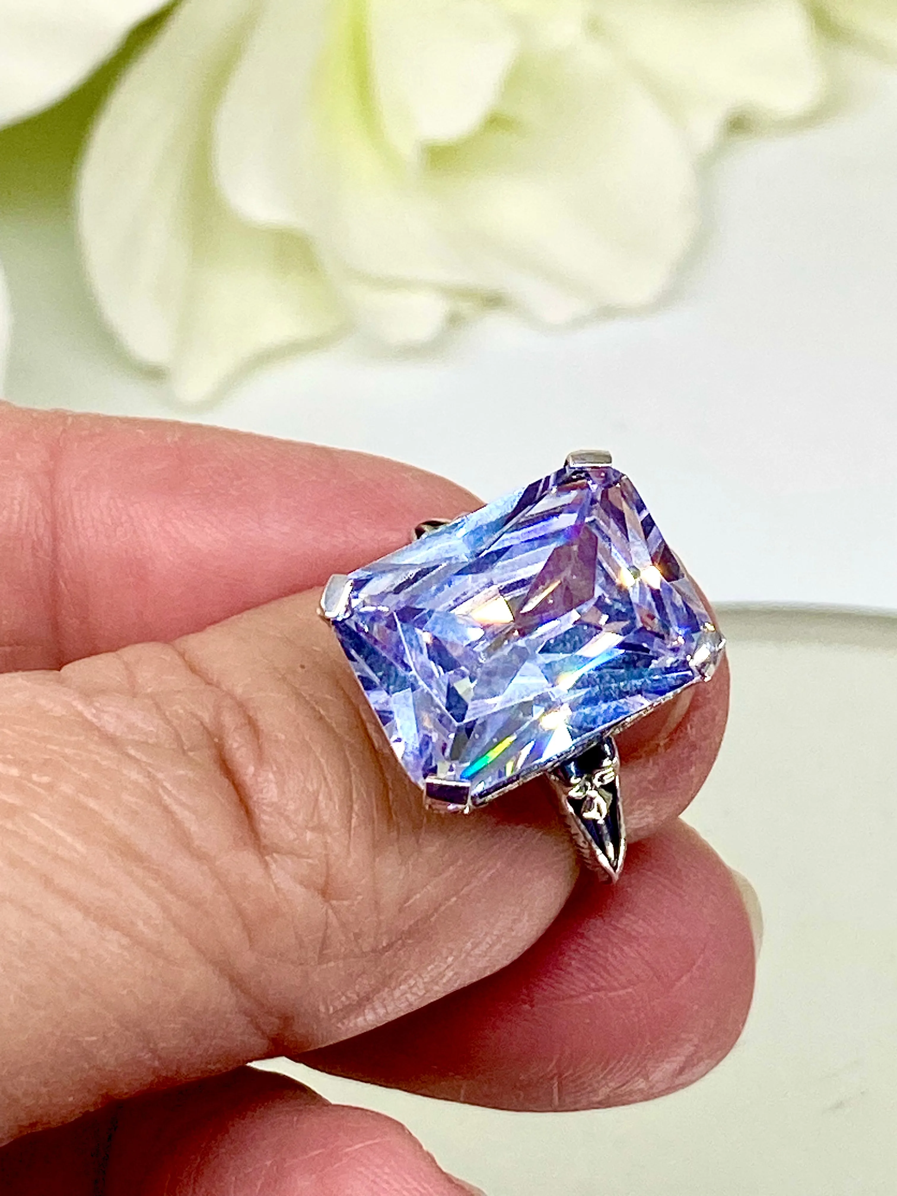 White CZ Ring, 10ct Rectangle Gem, Vintage Jewelry #D5