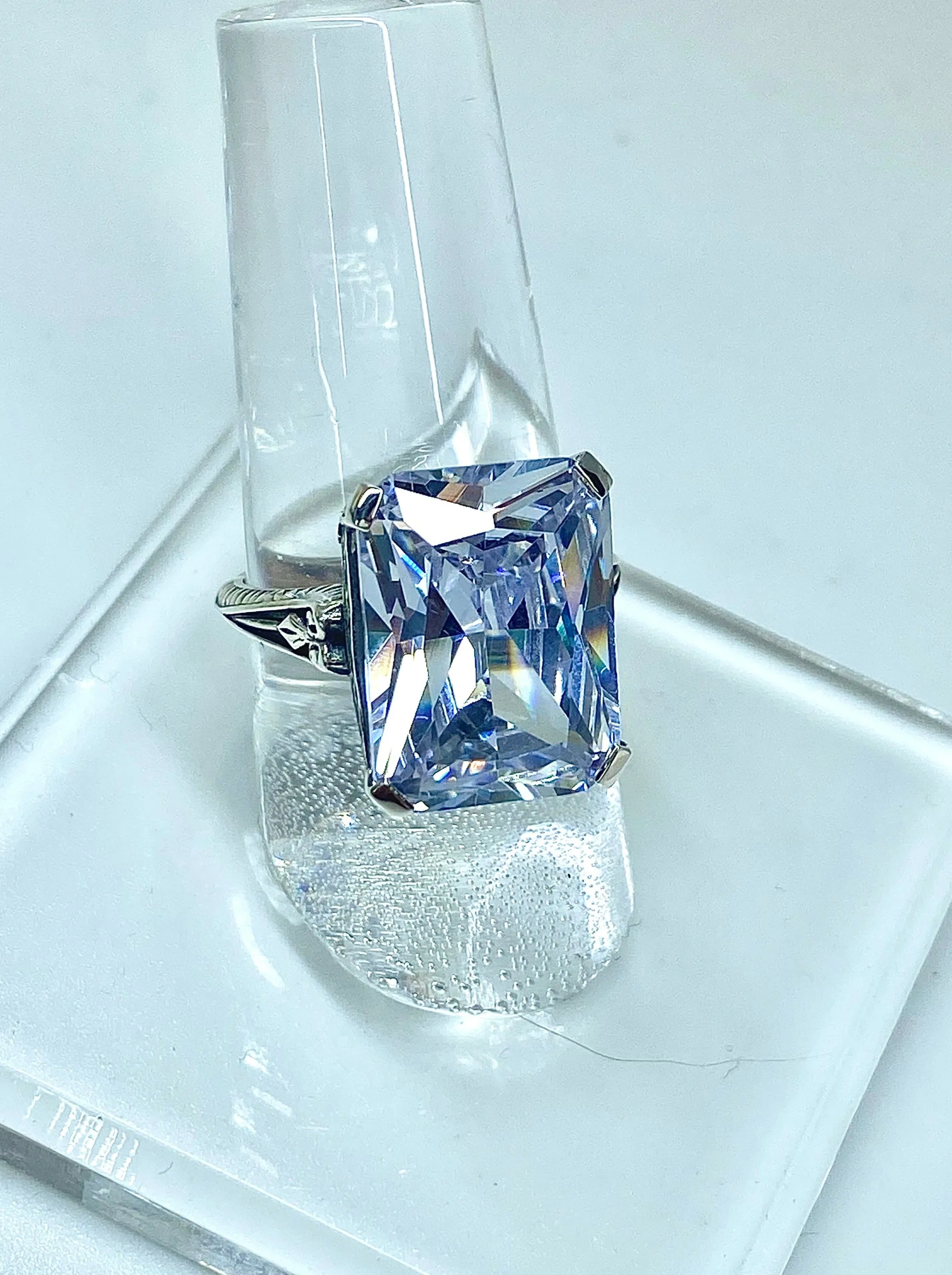 White CZ Ring, 10ct Rectangle Gem, Vintage Jewelry #D5